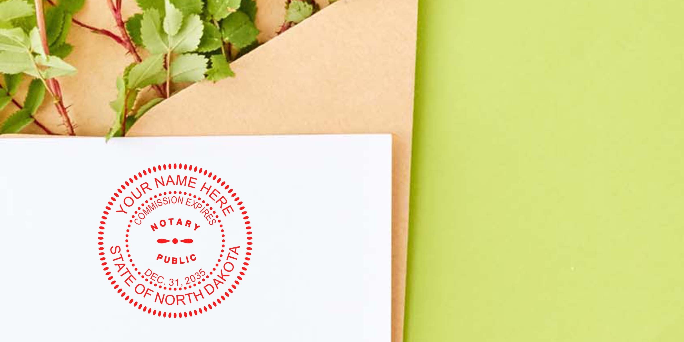 Kraft envelope with green leaves and a white card showing a red circular "Notary Public - State of North Dakota" seal on a pale green background