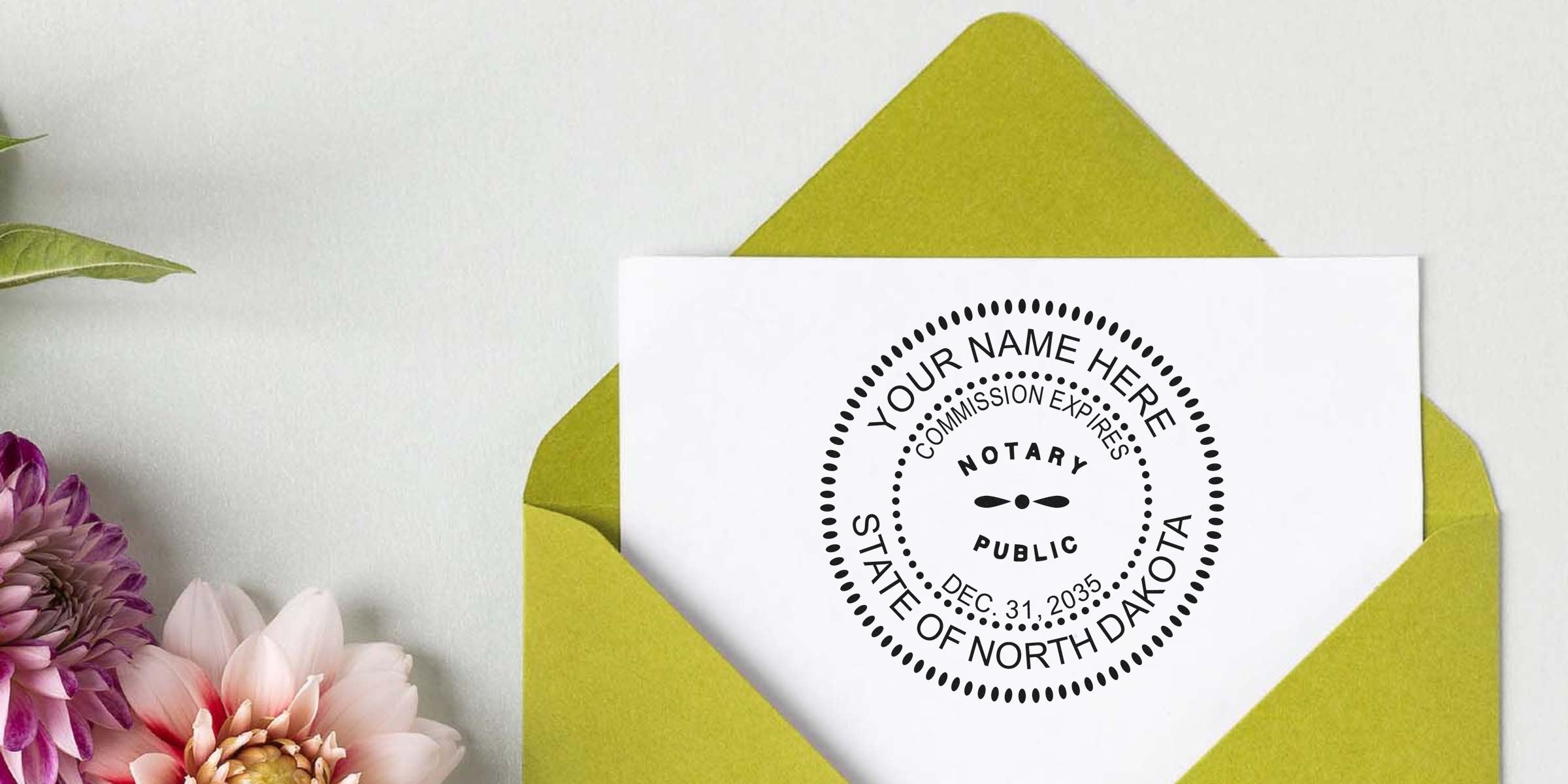 Green envelope with white card showing black circular notary public stamp reading "Your Name Here" and "State of North Dakota," pink and purple flowers at left.