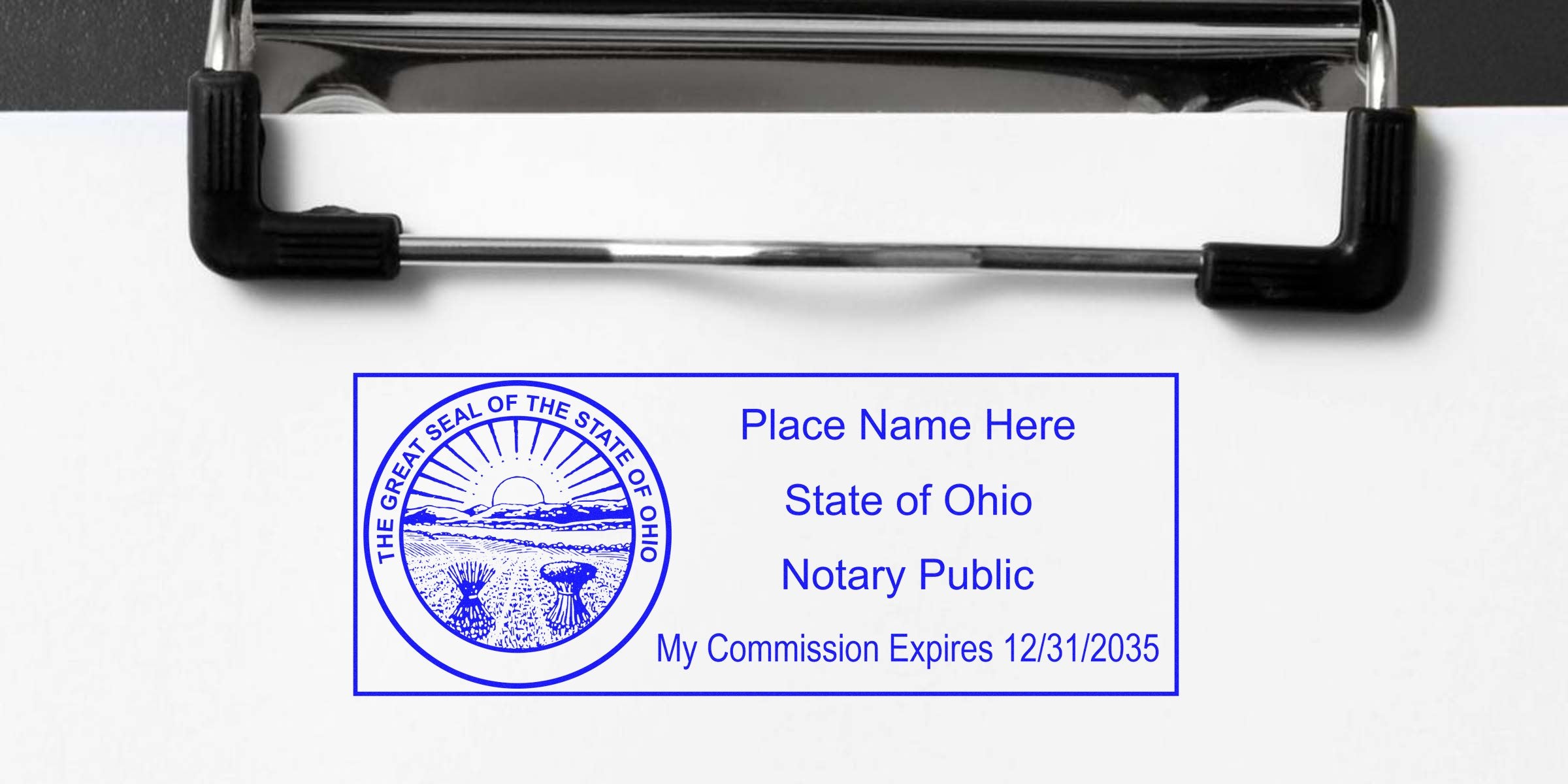 Clipboard holding paper with blue Ohio notary public stamp showing state seal, placeholder name, and commission expiration date 12/31/2035