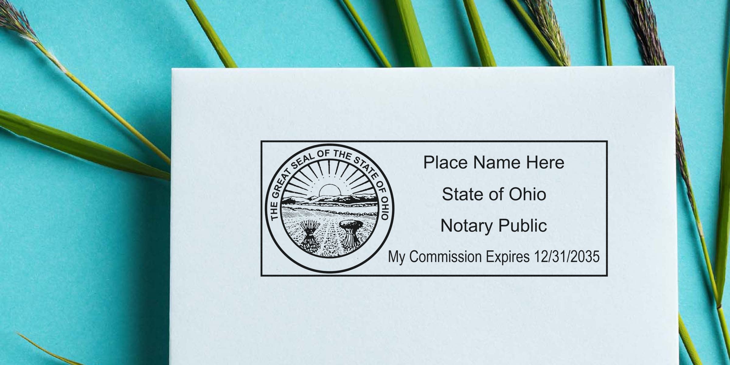 Ohio notary public stamp mockup with the Great Seal of the State of Ohio, placeholder name, and commission expires 12/31/2035 on white paper