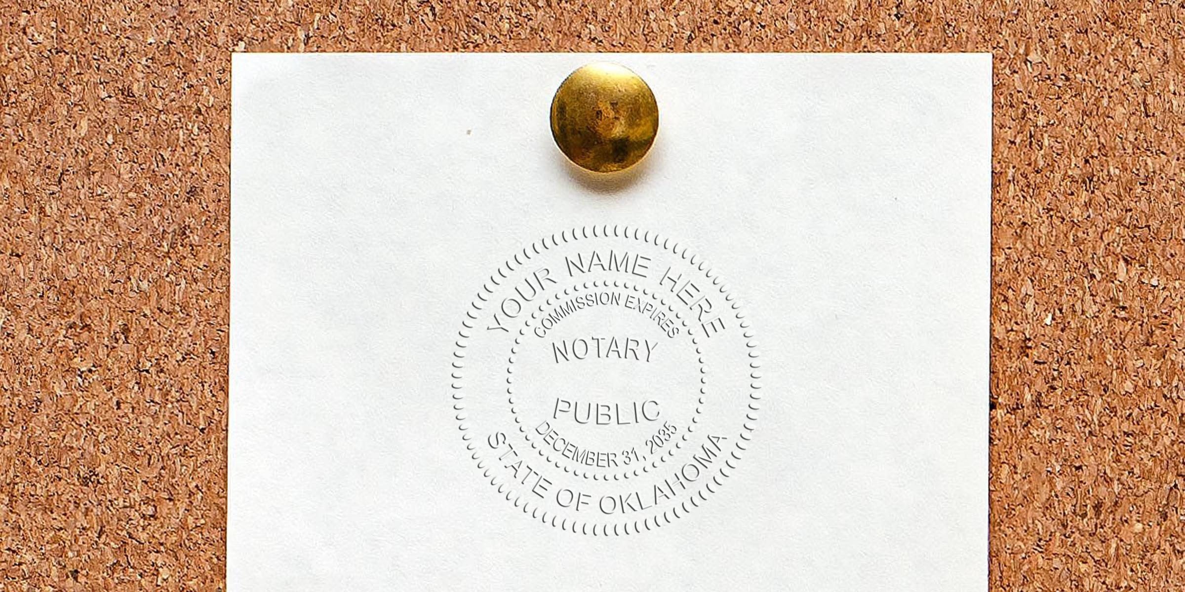 White paper pinned to corkboard with a brass thumbtack, featuring an embossed circular notary public seal reading "Notary Public" and "State of Oklahoma" for official document authentication.