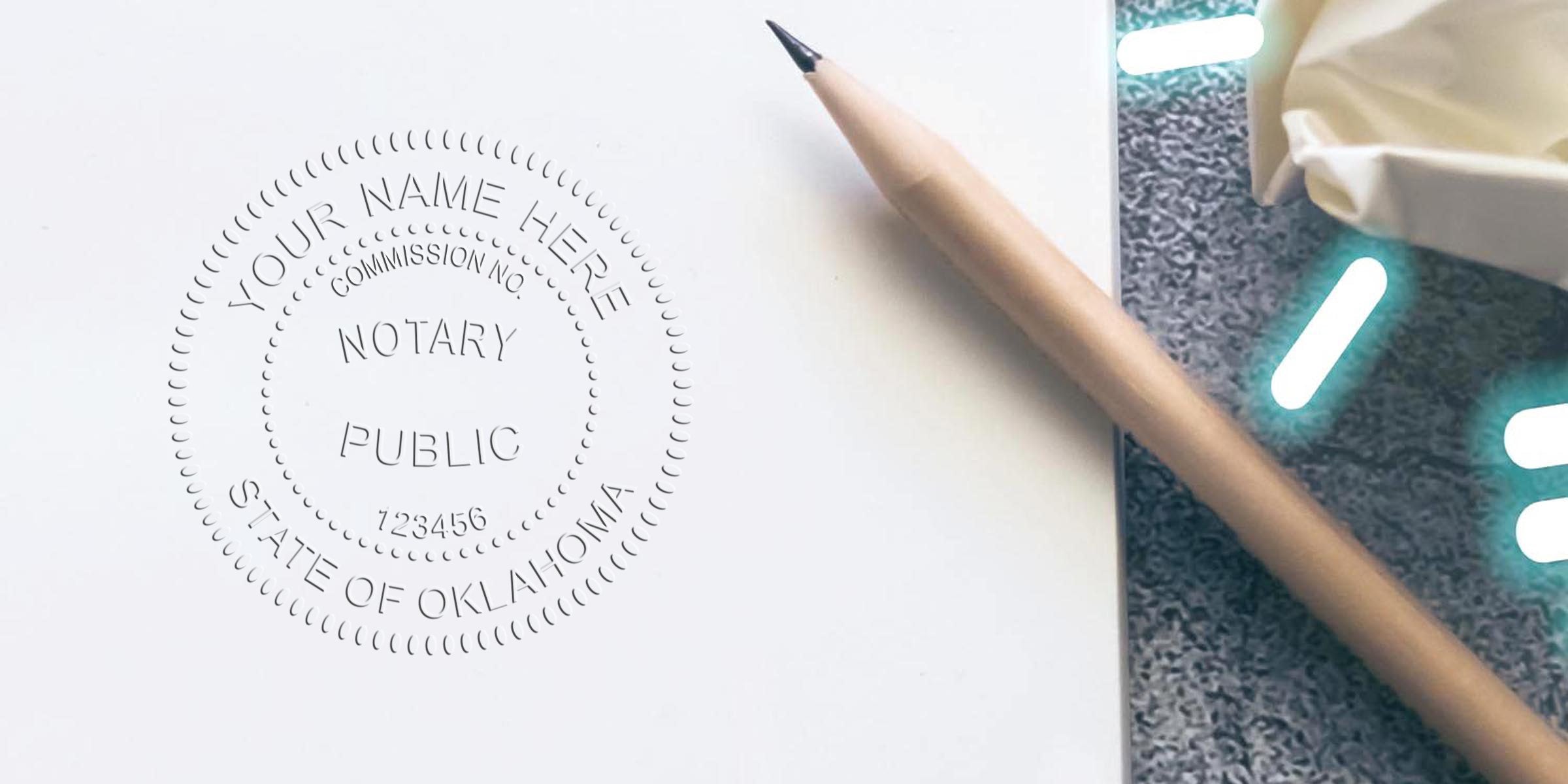 Embossed notary public seal reading "State of Oklahoma" on white paper, wooden pencil diagonally placed and crumpled paper nearby, close-up office document scene.