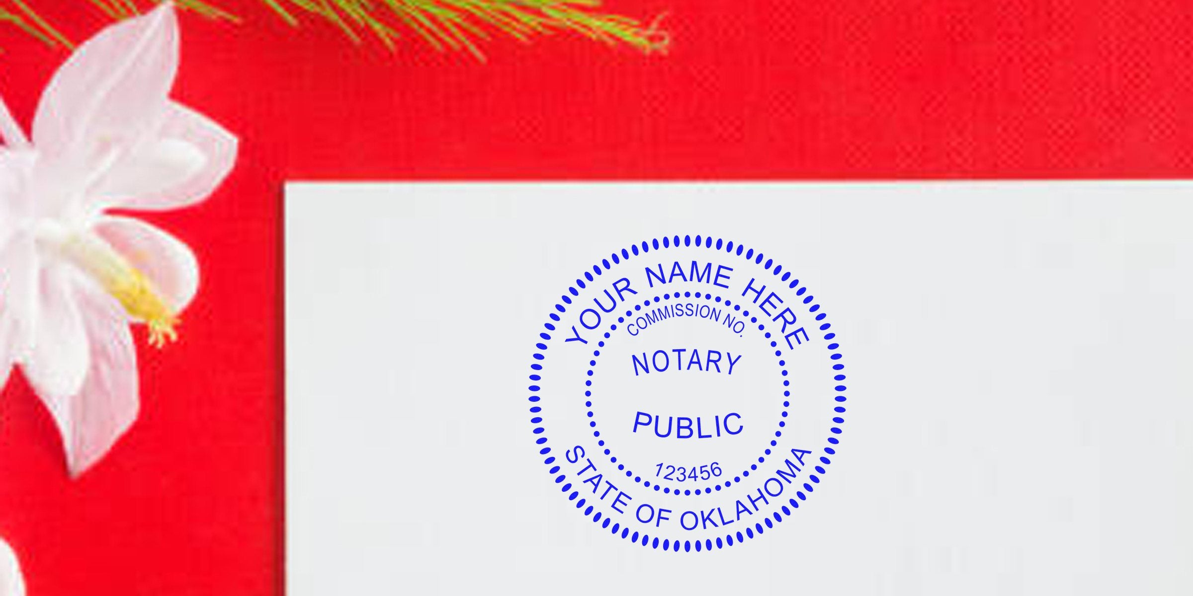 Blue circular notary public stamp mockup reading "Your Name Here, Notary Public, State of Oklahoma" on a white card, set against a red background with a white orchid flower — business/legal document seal image