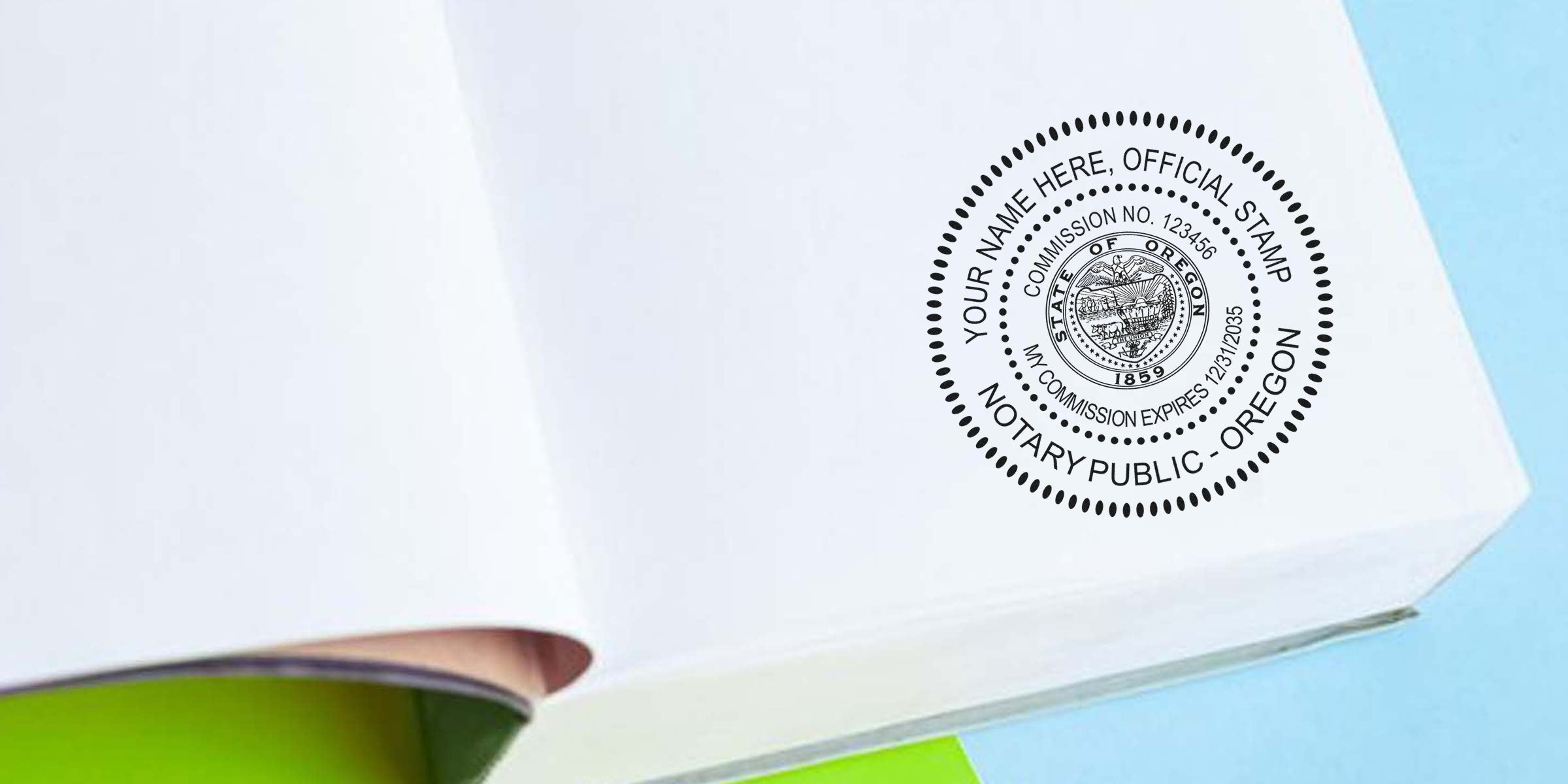 Close-up of a black circular Oregon notary public seal stamped on the corner of an open white book against a blue background.