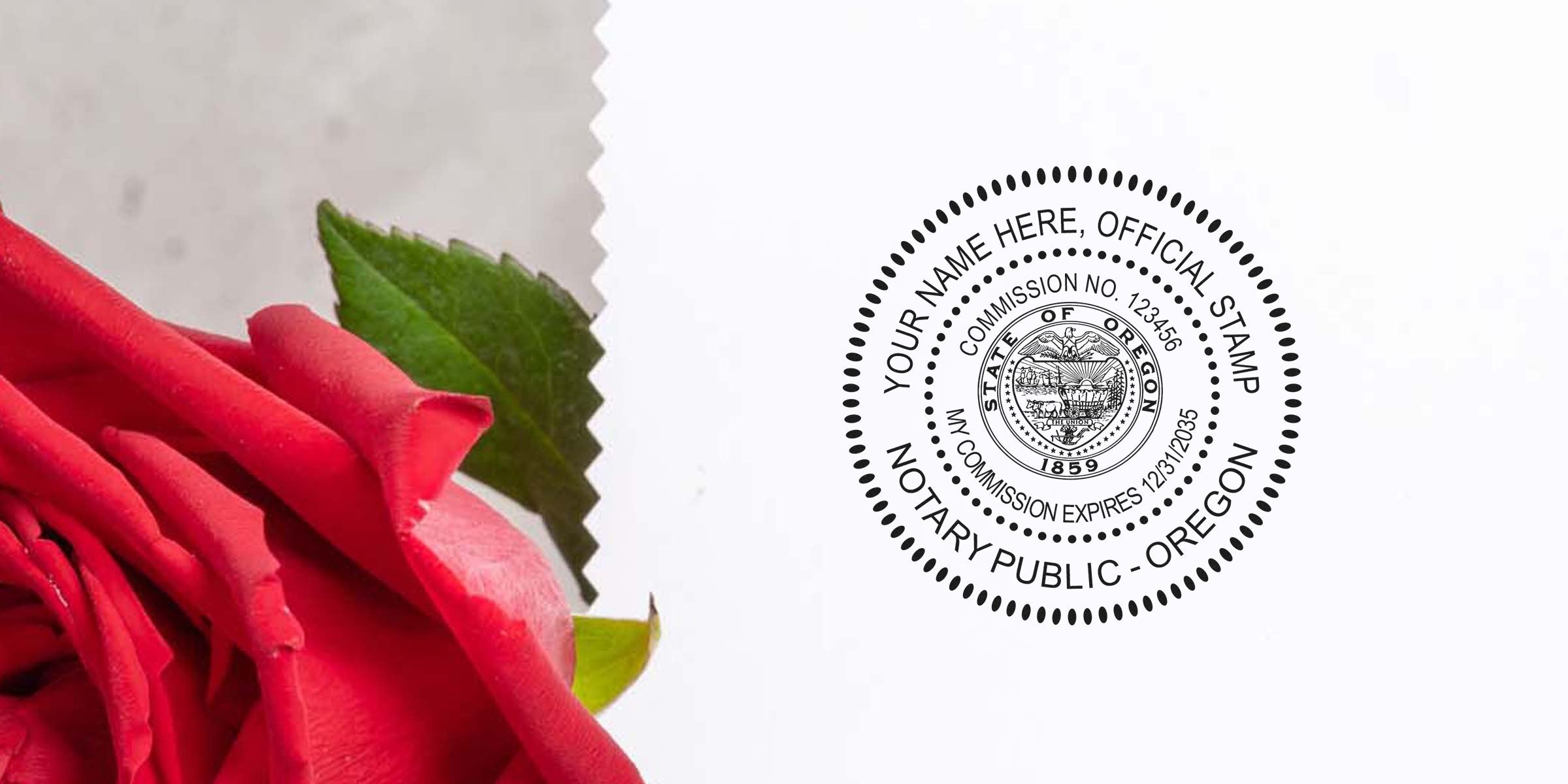 Close-up red rose beside white card featuring a circular Oregon Notary Public official stamp and decorative perforated edge.