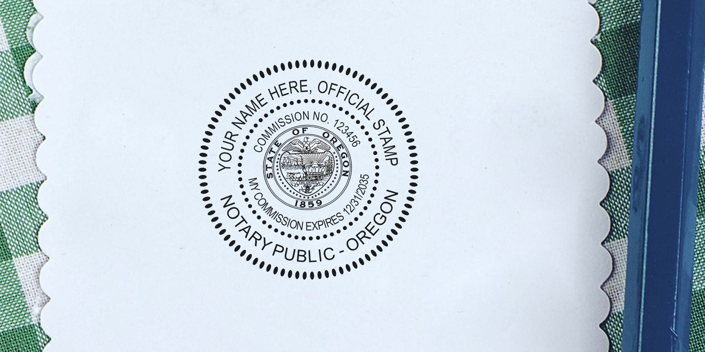 Round Oregon notary public seal stamped on white scalloped certificate, centered black ink circular stamp with state emblem, green checkered fabric and blue ribbon edge visible