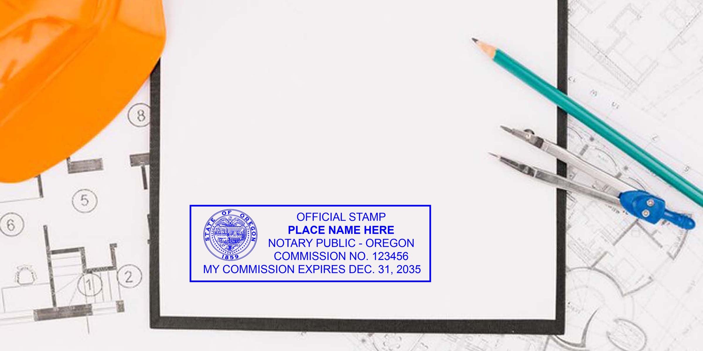 Orange construction hard hat on architectural blueprints with drafting compass and pencil beside a blue Oregon notary public stamp placeholder on white paper