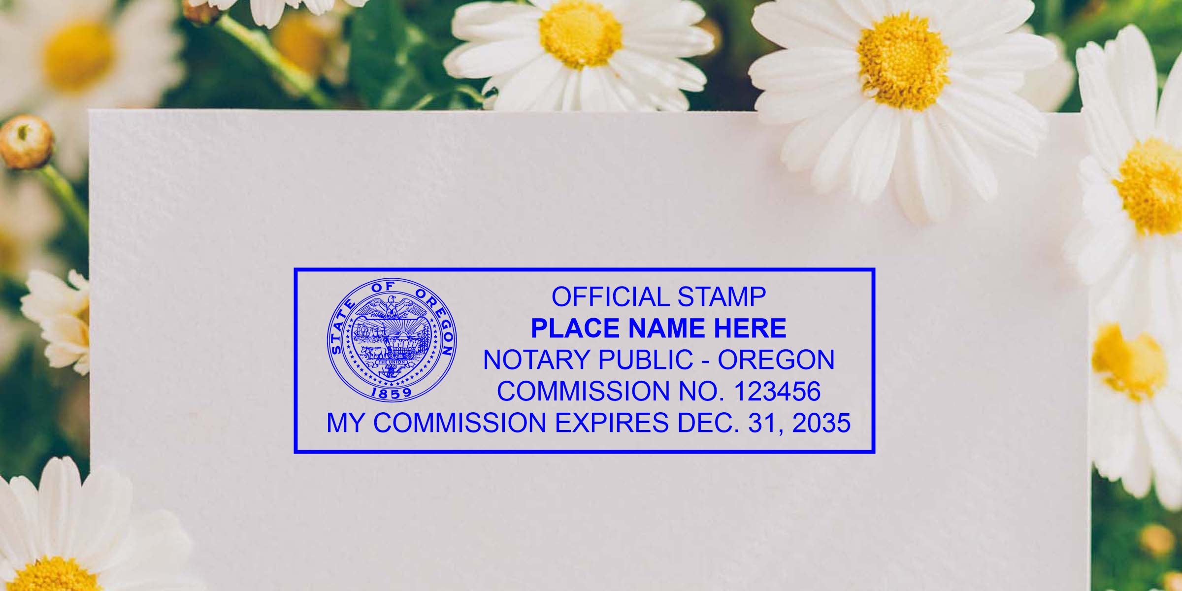Blank white card with blue Oregon notary public stamp and seal centered, surrounded by white daisies with yellow centers, floral stationery background