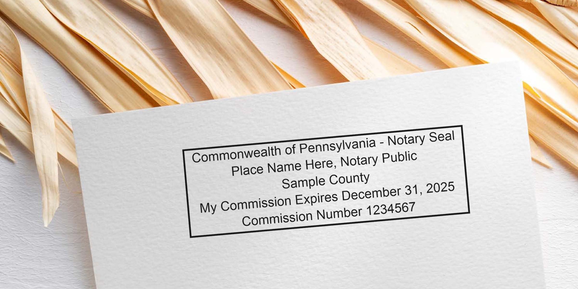 Sample Commonwealth of Pennsylvania notary seal template on textured paper showing notary public, sample county, commission expires Dec 31, 2025, commission number 1234567