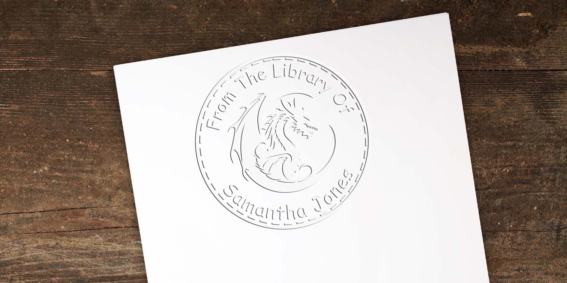 Coin-like emblem with a dragon image and the inscription “From The Library Of Samantha Jones.”