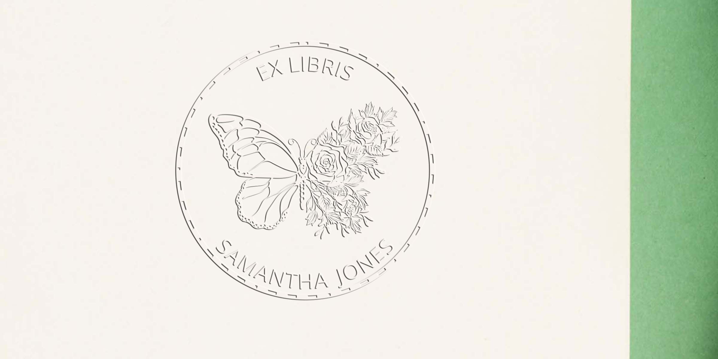 Ex Libris bookplate with a butterfly and bouquet of flowers, bearing the name Samantha Jones.