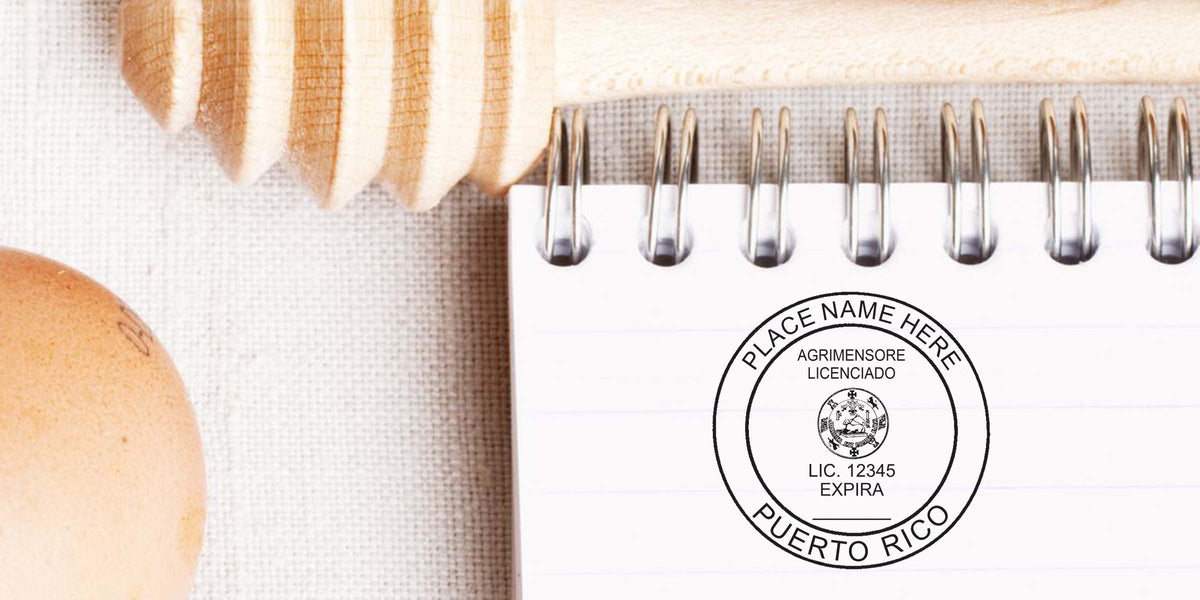 Puerto Rico land surveyor seal stamped in a notebook beside a honey dipper and eggs.