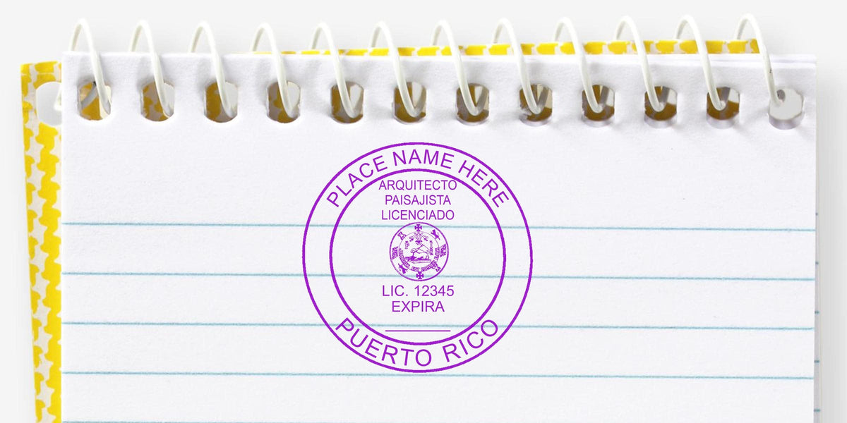 Puerto Rico landscape architect stamp and seal on a spiral notebook page.