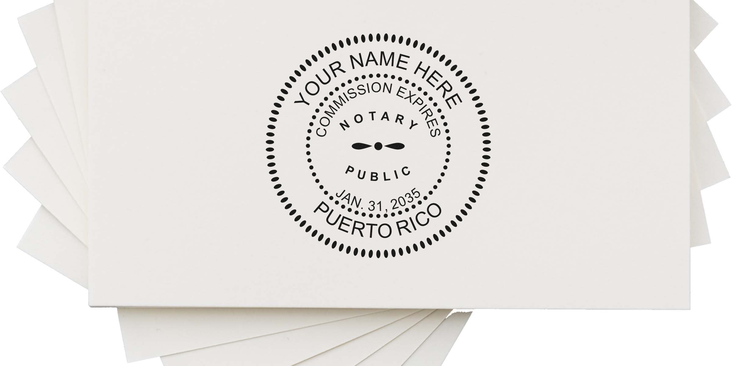 Circular notary public rubber stamp design on stacked white cards reading "Your Name Here", "Commission Expires", date "Jan. 31, 2035" and "Puerto Rico".