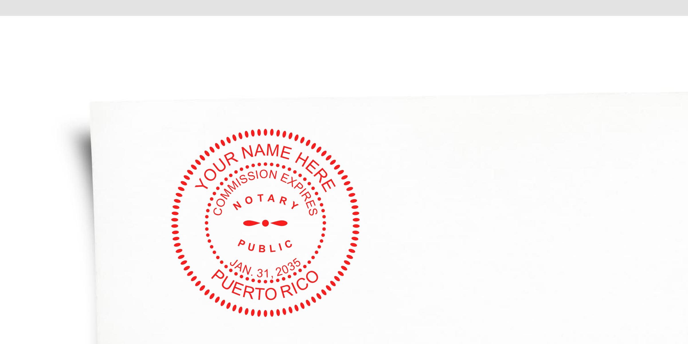 Red circular notary public seal stamp on white paper reading "Your Name Here," "Commission Expires Jan. 31, 2035," and "Puerto Rico" — customizable notary stamp mockup for legal documents.