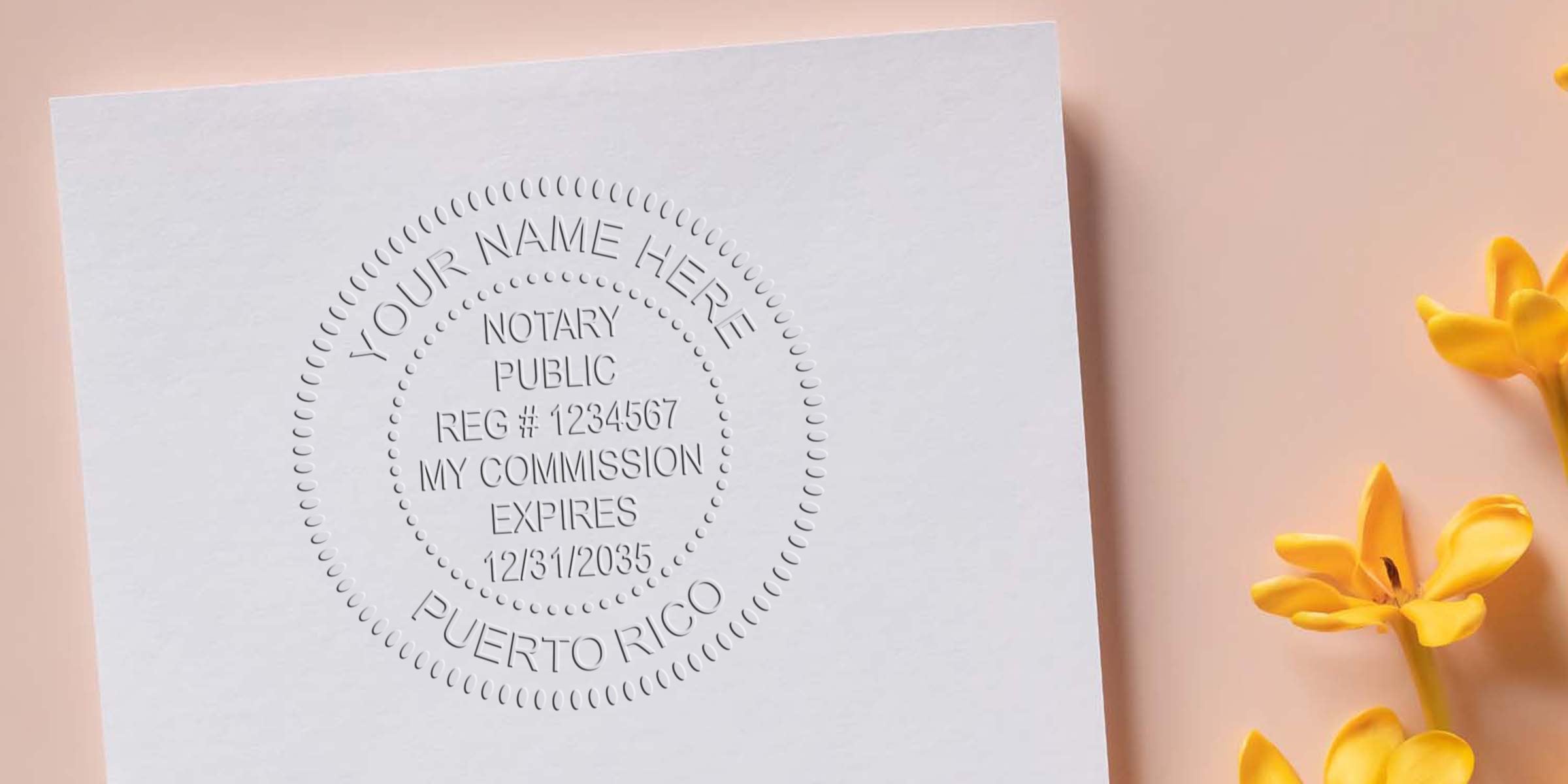 Embossed notary public seal on white paper reading "Puerto Rico" with placeholder name and commission details, styled on a peach background with yellow flowers — professional notary stamp mockup for stationery or legal branding