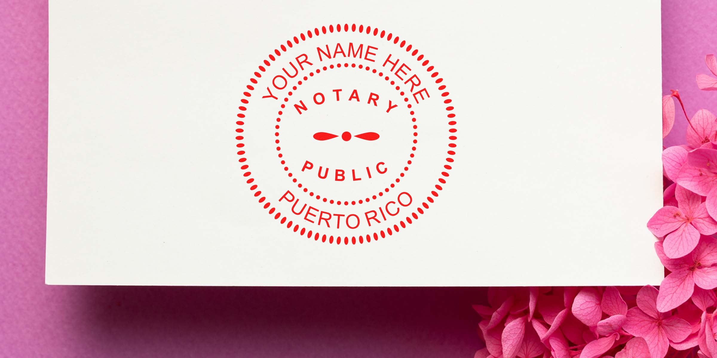 Red circular "Notary Public Puerto Rico" stamp mockup on a white card against a pink background with pink hydrangea flowers.