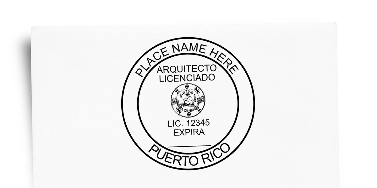 Puerto Rico architect circular seal with a sample name, license number and expiration line.