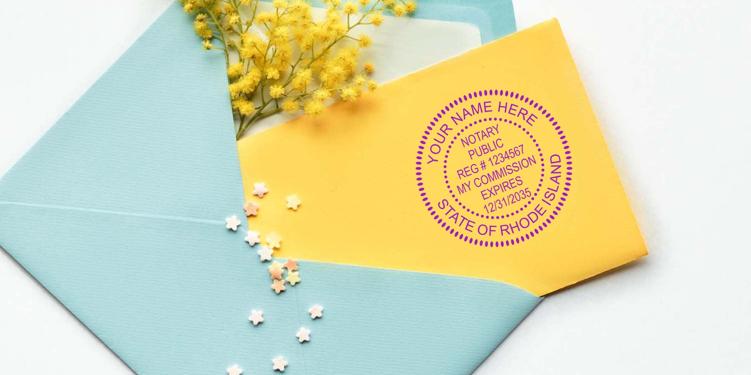 Pastel blue envelope with a yellow card, small yellow mimosa flowers and star confetti spilling out, purple notary public stamp graphic on the card.