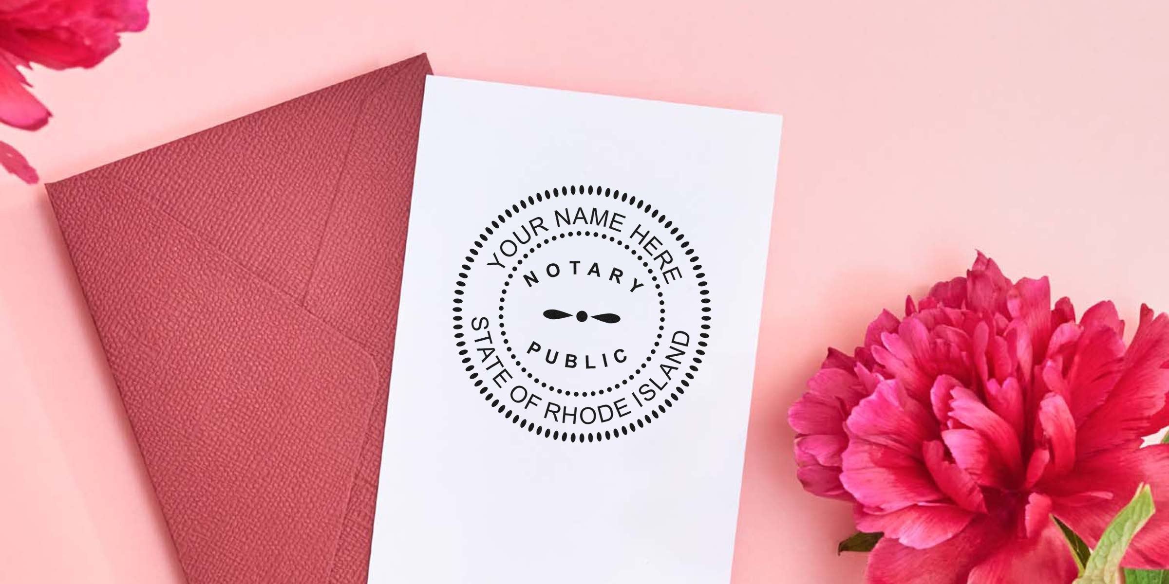 White card showing circular "Notary Public – State of Rhode Island" stamp mockup on a textured pink envelope beside a vibrant pink peony on a pastel pink background — notary stationery/invitation mockup.