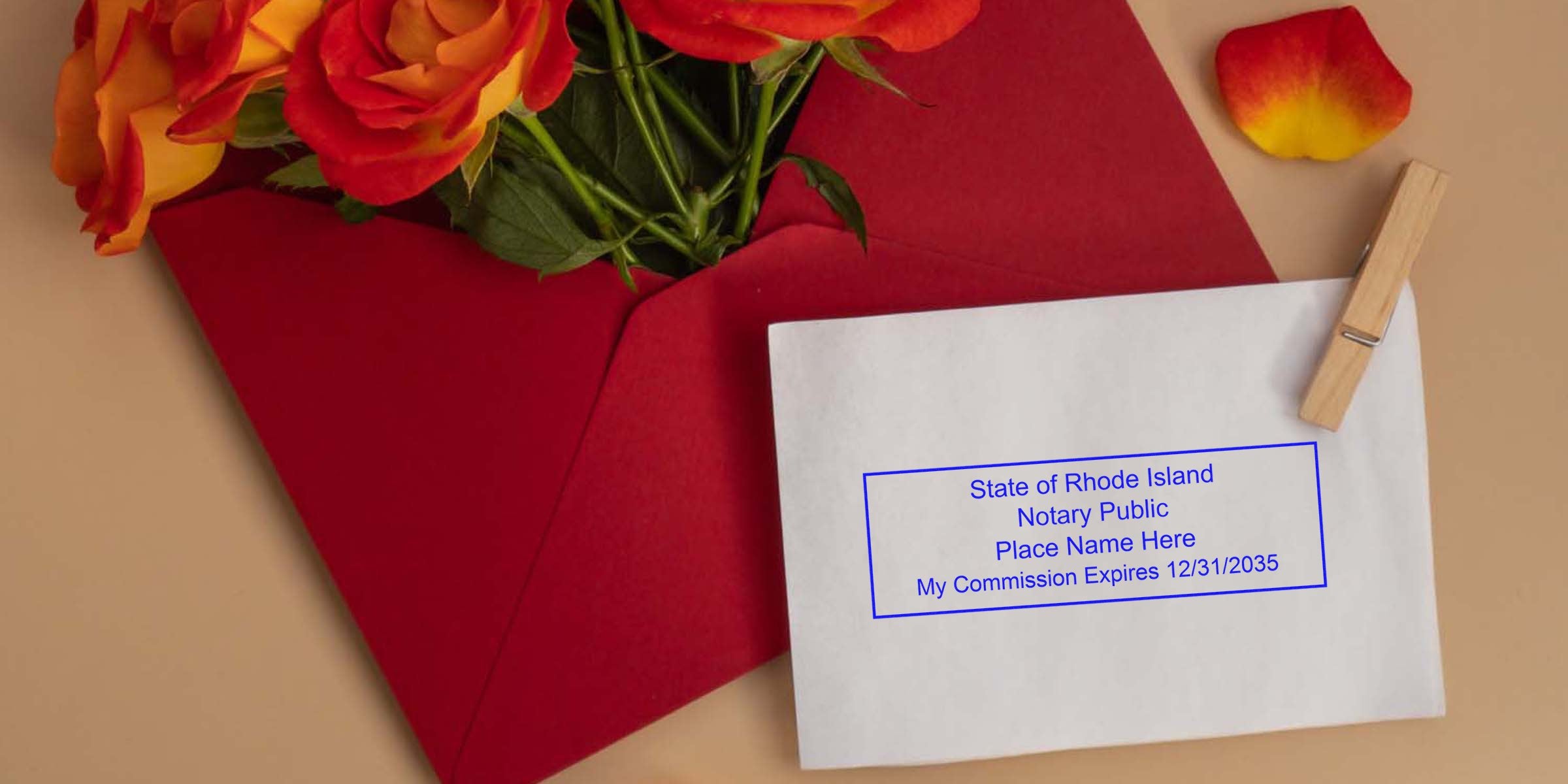 Flat lay of orange-red roses in a red envelope with a white card stamped "State of Rhode Island Notary Public" (commission expires 12/31/2035), wooden clothespin and a rose petal on a beige background