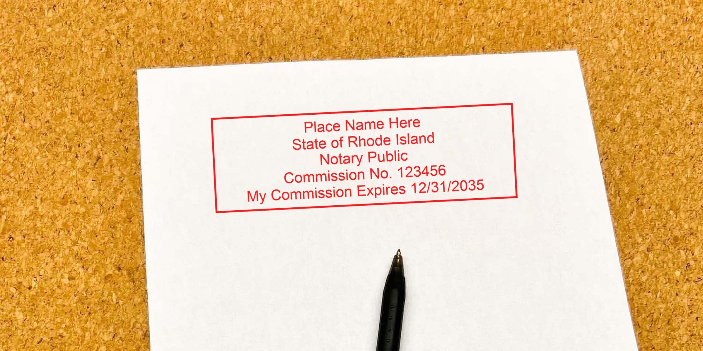 Blank notary certificate template on white paper pinned to corkboard showing red Rhode Island notary stamp sample text and commission expiry, black pen at bottom — notary stamp template image