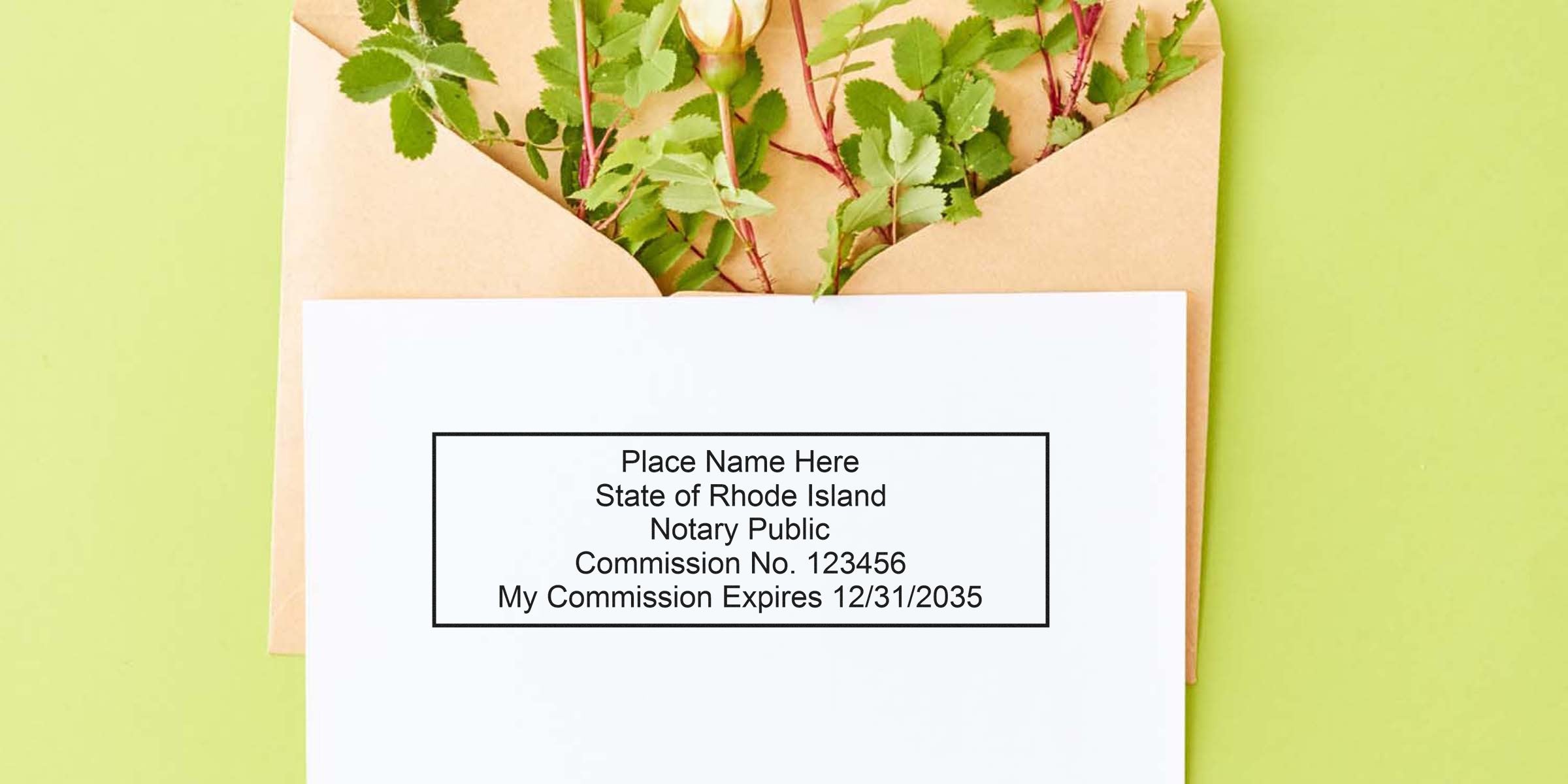 Brown kraft envelope with green rose stems and leaves peeking out, white card showing a Rhode Island notary public stamp placeholder with commission number and expiration date.