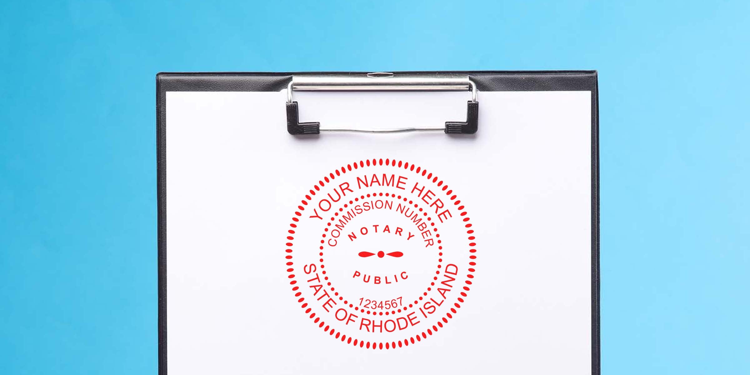 Clipboard with white paper showing red circular notary public seal reading "State of Rhode Island" with placeholder commission number and name, set against a light blue background