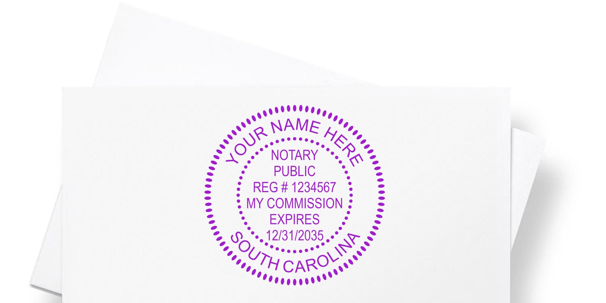 Purple circular notary public stamp mockup on white paper with placeholder name, REG #, commission expiration date and “South Carolina” text for customizable notary seal design.