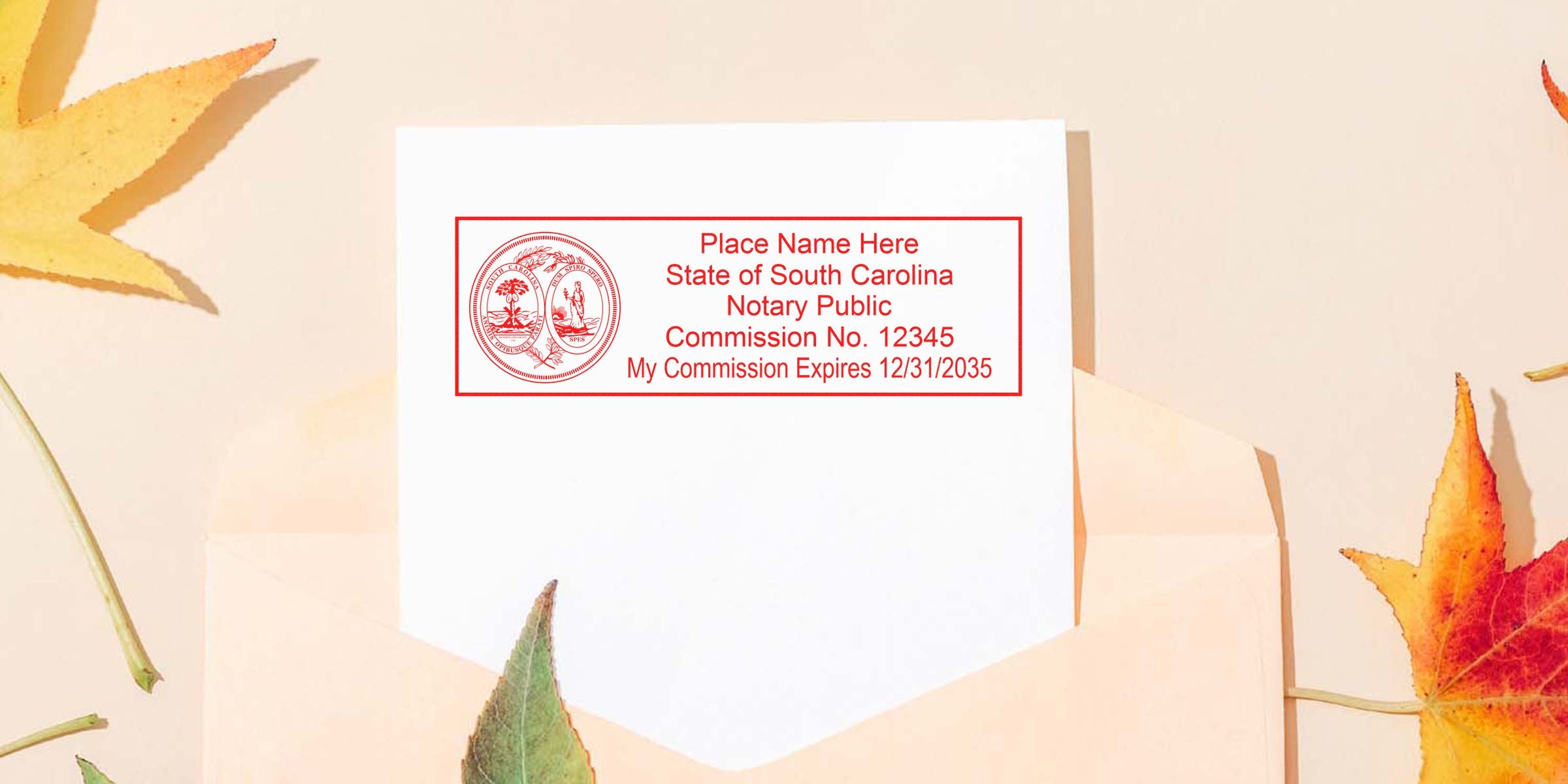 Red South Carolina notary public stamp imprint on white card emerging from peach envelope, autumn leaves background