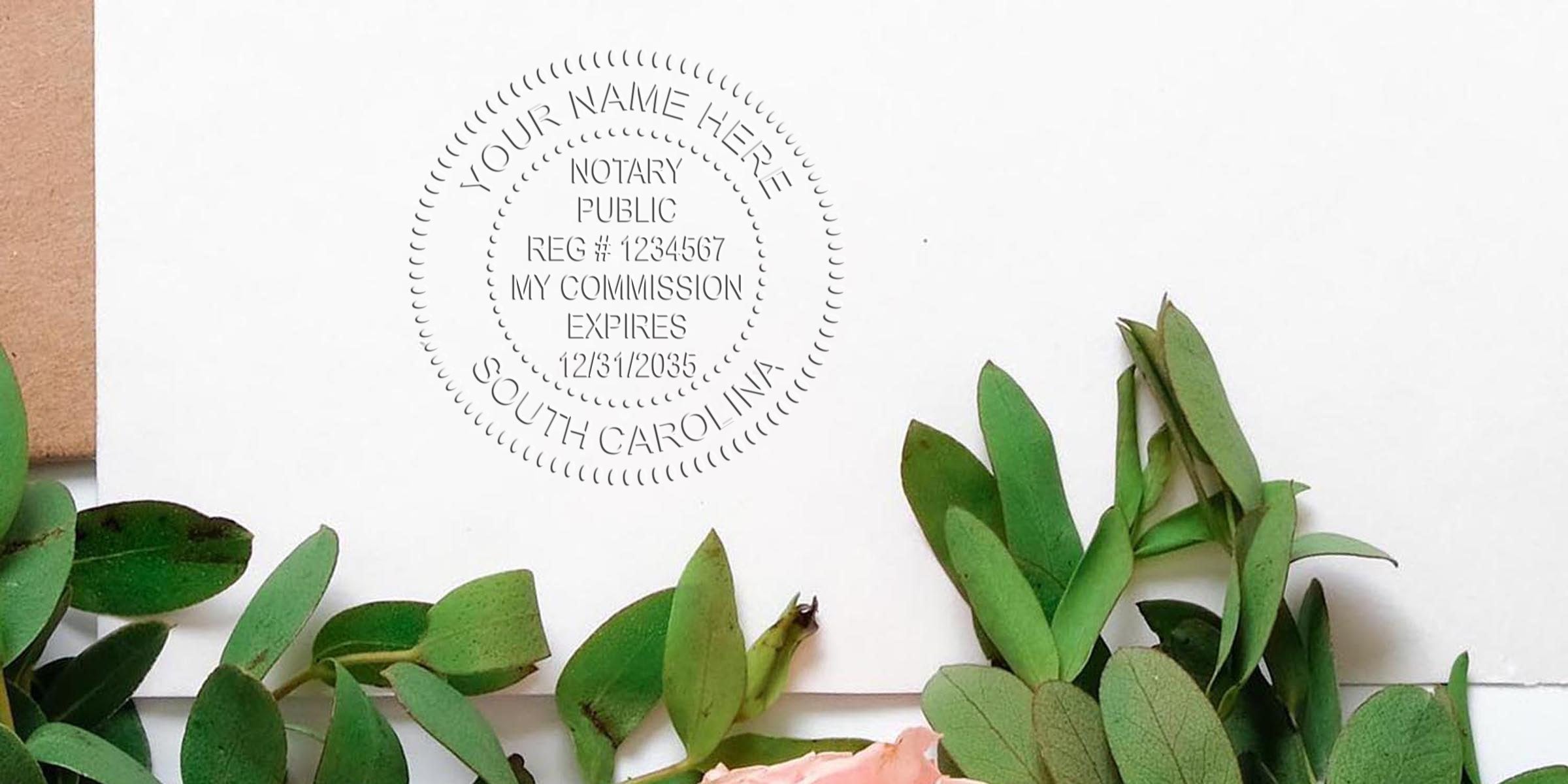 Embossed notary public seal impression on white stationery with customizable text, surrounded by eucalyptus leaves and a pink rose — flat lay product photo for notary seal, stationery, and wedding invitation decor.