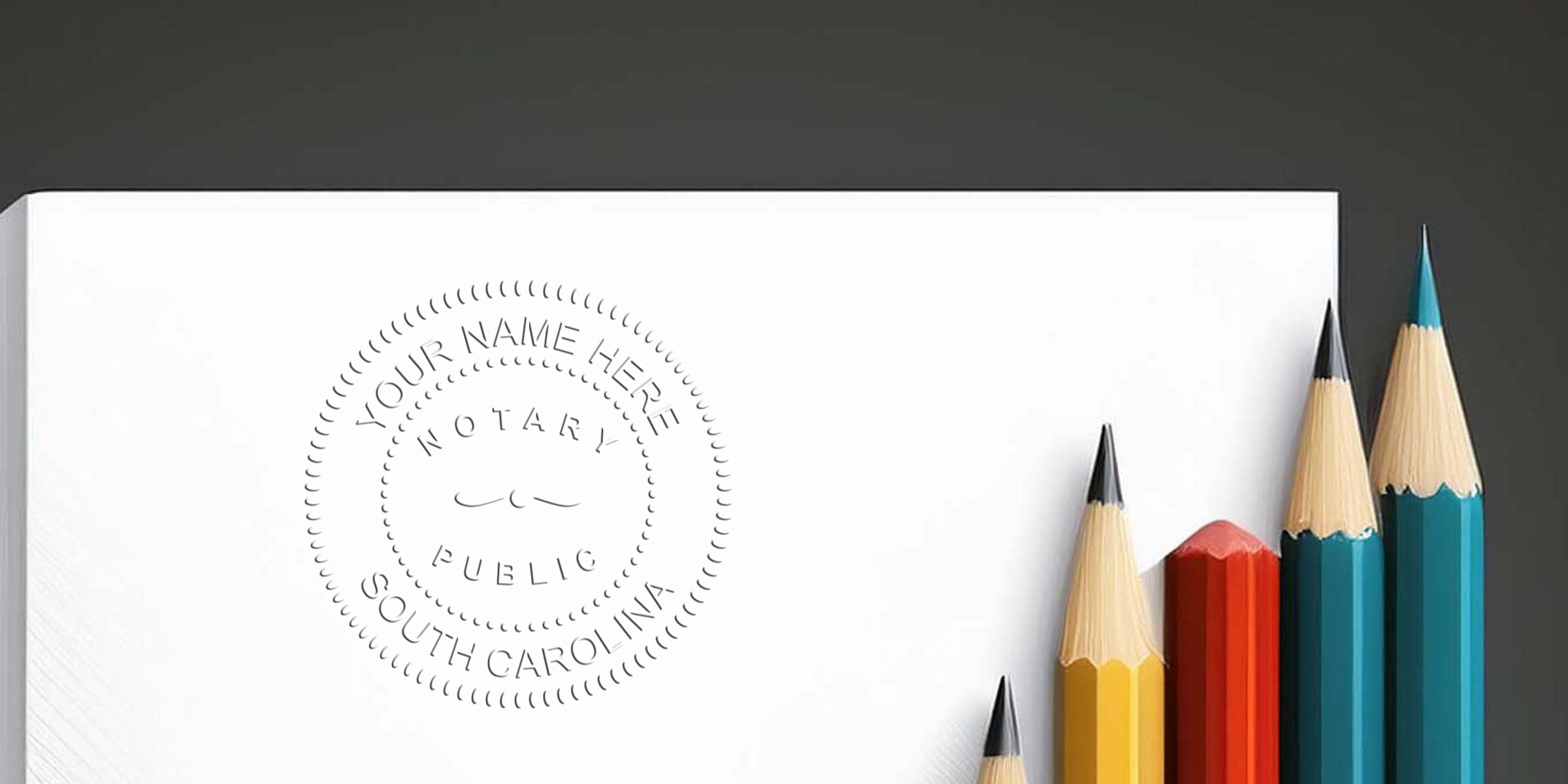 White paper with embossed notary public seal reading "Your Name Here, South Carolina" beside a row of sharpened colored pencils (yellow, red, teal, blue) on a dark background, minimalist office stationery concept