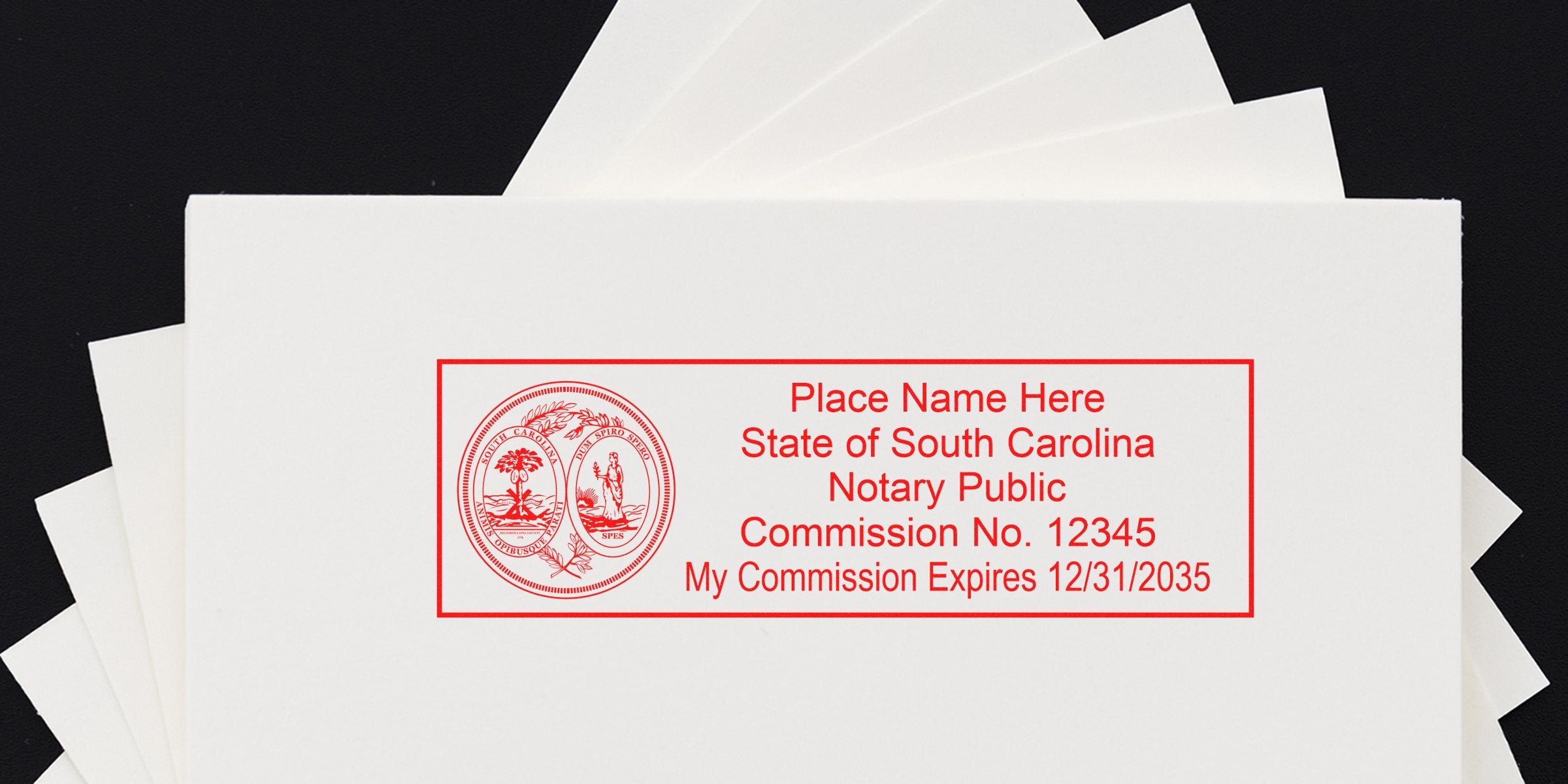 Red rectangular notary stamp on white paper featuring South Carolina state seal, placeholder name, commission number and commission expiration date in red ink.