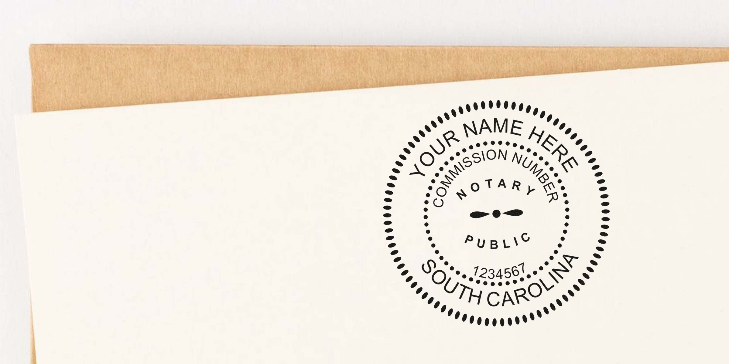 Notary public seal stamp mockup on cream stationery and kraft envelope, circular dotted border reading "Your Name Here", "Notary Public", "Commission Number 1234567", "South Carolina" — customizable professional notary seal.