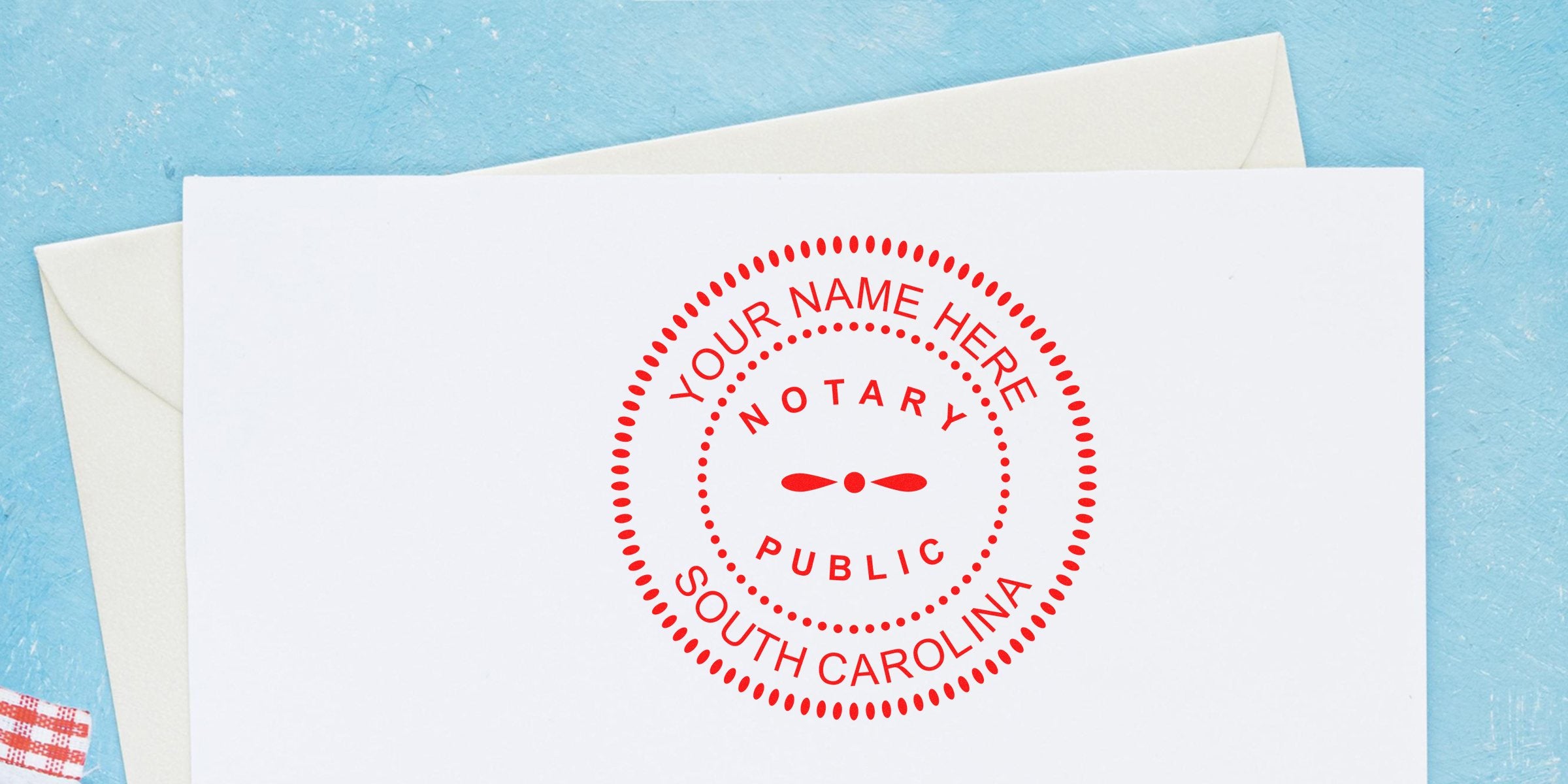 White paper and envelope with red circular notary stamp reading "Notary Public South Carolina" — customizable notary seal design on document, red ink impression for legal certification and official notarization.