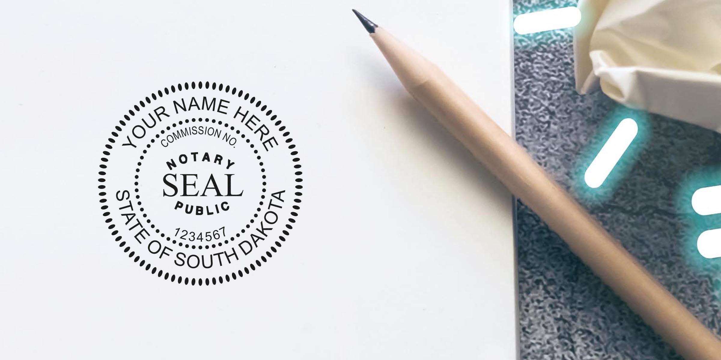 Close-up of a round State of South Dakota notary public seal stamped on white paper with placeholder name and commission number, beige pencil and crumpled tissue at right — legal document and notary concept.