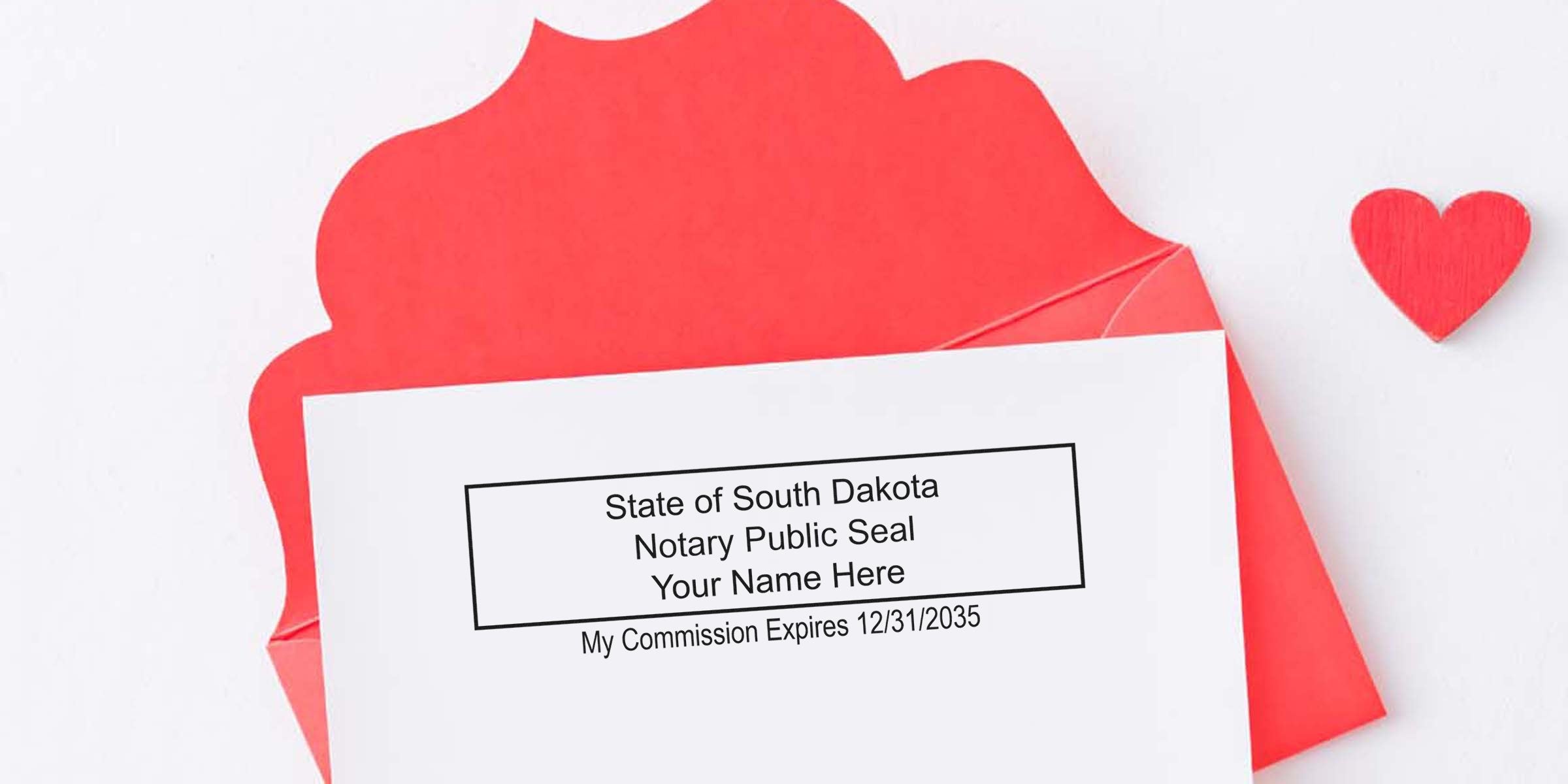 South Dakota notary public seal template on a white card inside a red decorative envelope, sample text "Your Name Here" and commission expires date visible