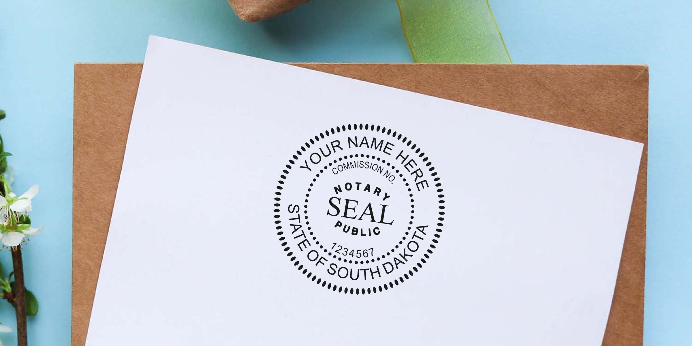 Notary public round seal stamp mockup on white paper over kraft envelope, customizable "Your Name Here" and commission number, State of South Dakota design with blue background and floral accent.