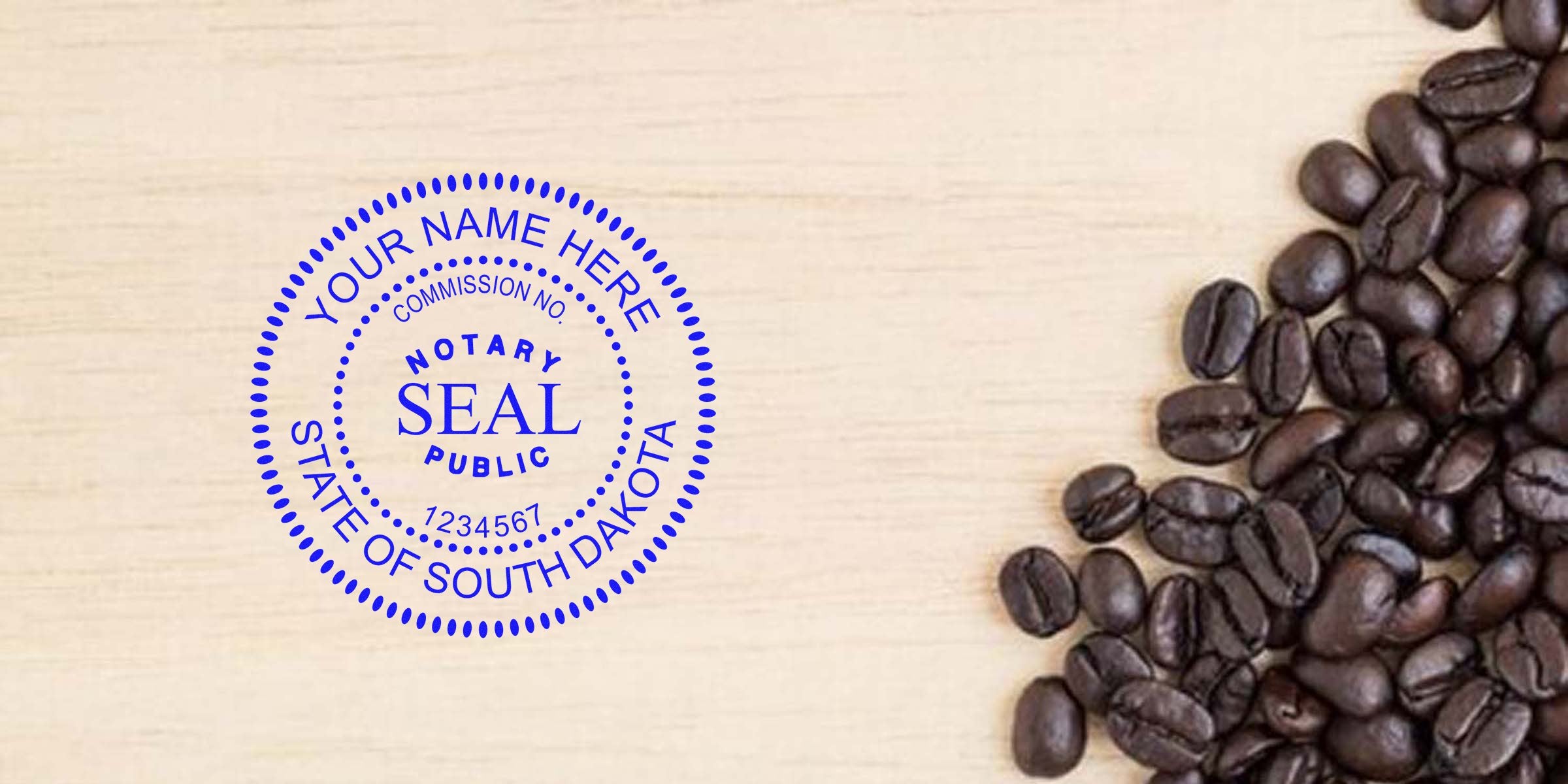 Blue circular notary public seal reading "State of South Dakota" stamped on light wood background with roasted coffee beans piled on the right.