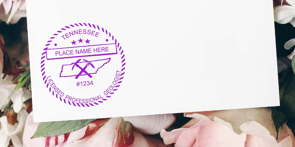 Tennessee geologist seal stamped on white paper with a floral background.