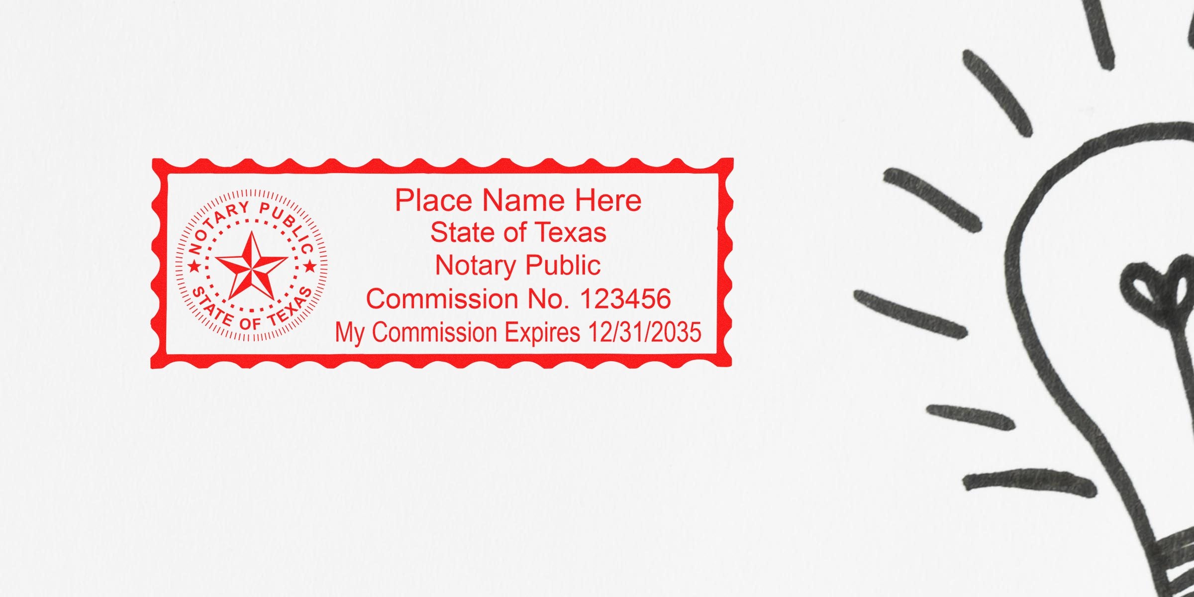 Red Texas notary public stamp with scalloped rectangular border, state star seal, placeholder name and Commission No. 123456, commission expires 12/31/2035, shown on white background with hand-drawn lightbulb sketch.