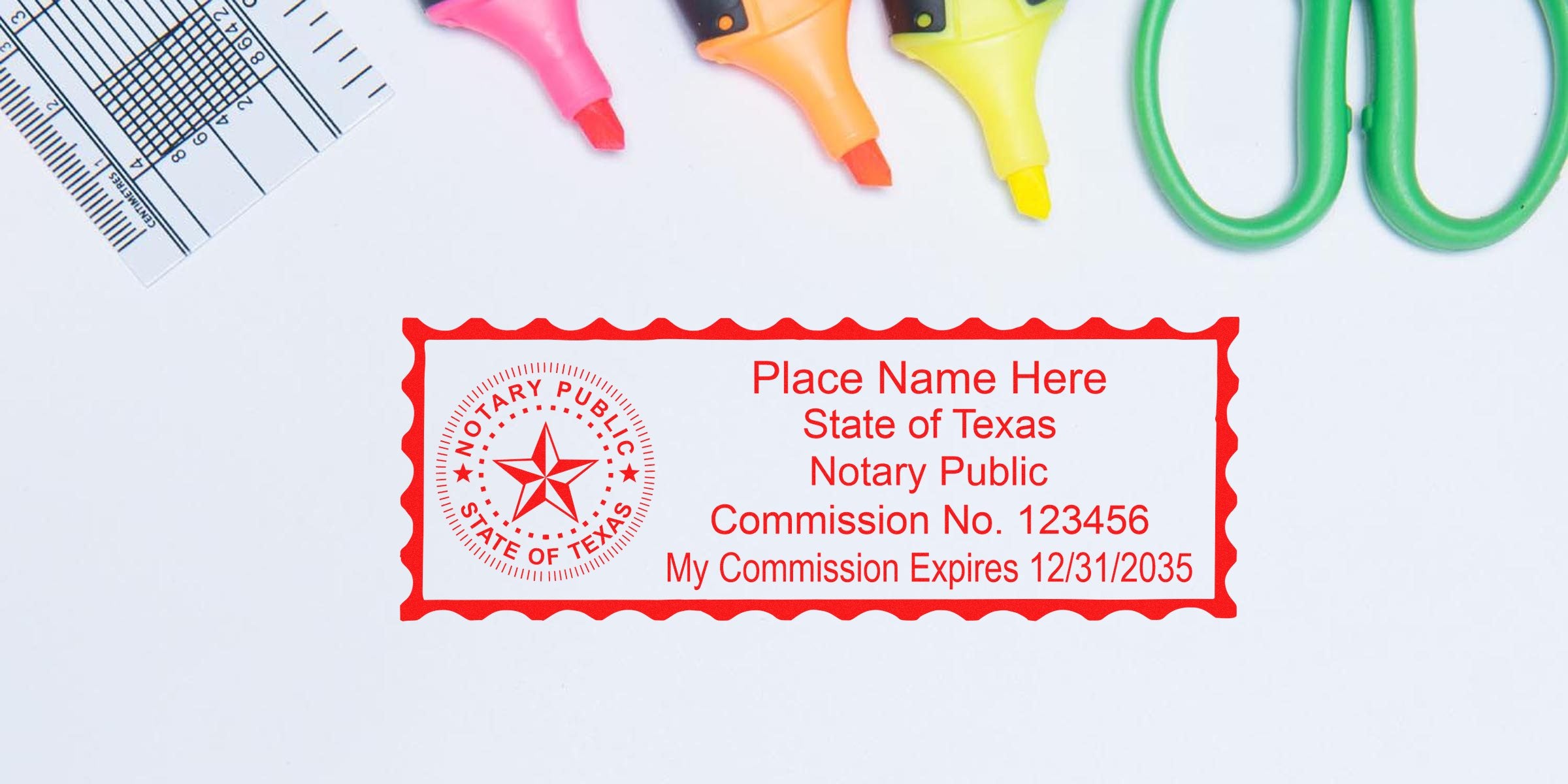 Red rectangular Texas notary stamp mockup with star seal, placeholder name, commission number and expiration date on white desk surrounded by green scissors and colorful highlighters