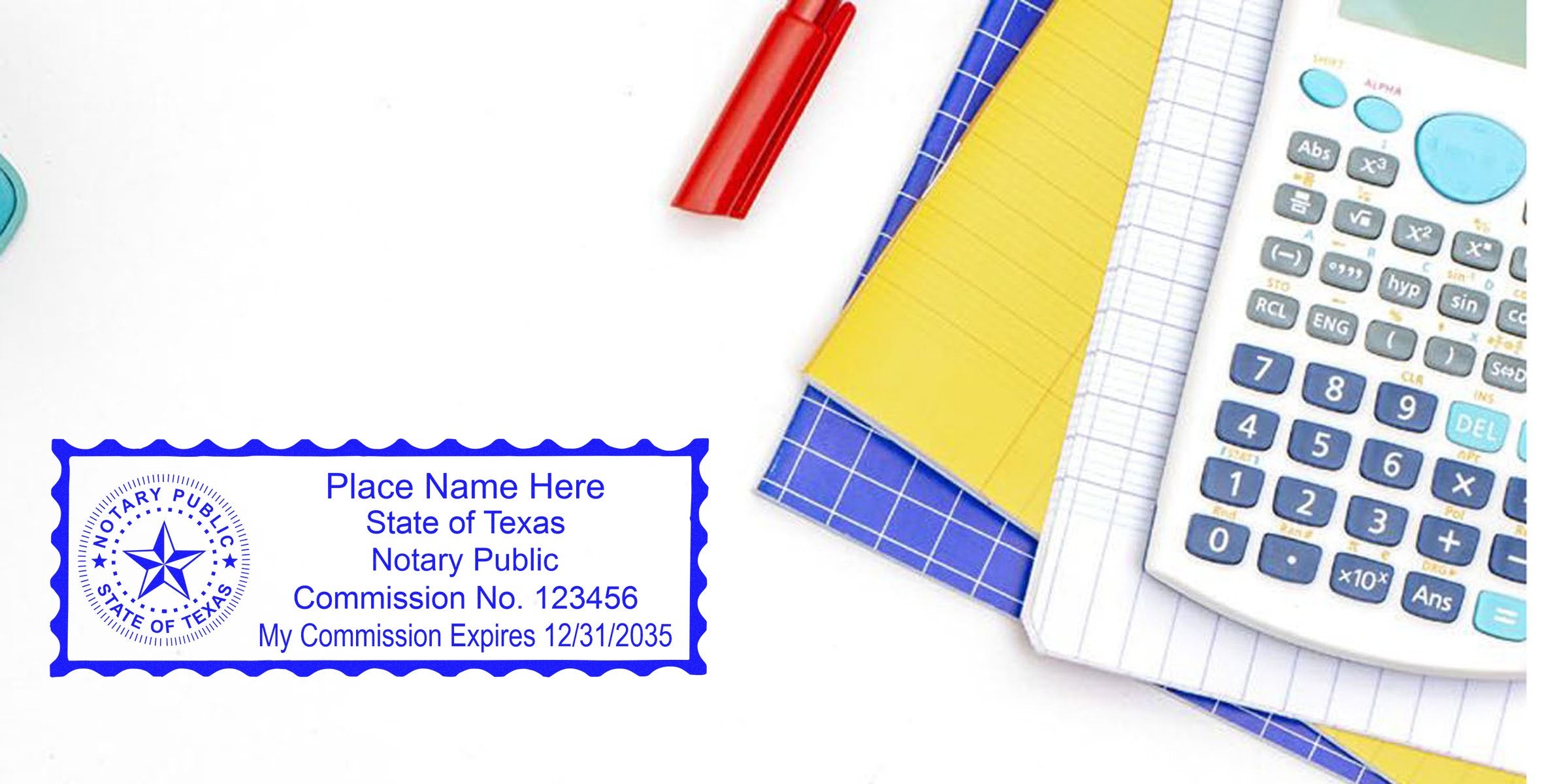 Blue Texas notary public stamp mockup with commission details beside a scientific calculator, yellow and blue notebooks and a red pen on white desk