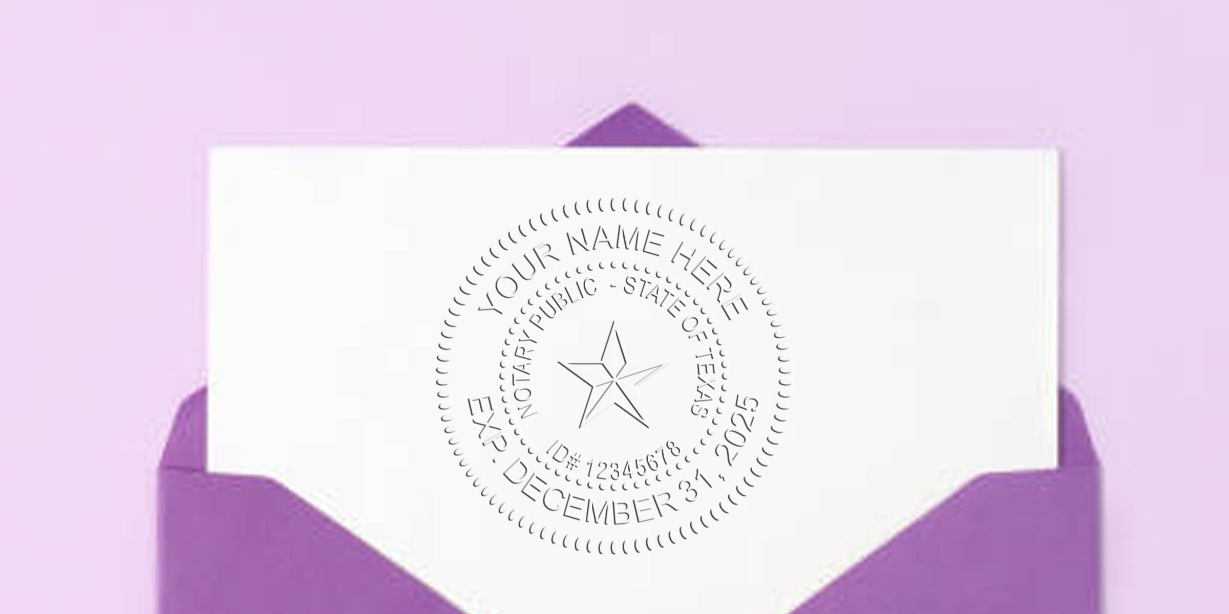 Purple envelope with white card displaying embossed circular notary seal imprint featuring a star, customizable name and expiration date (Texas-style)