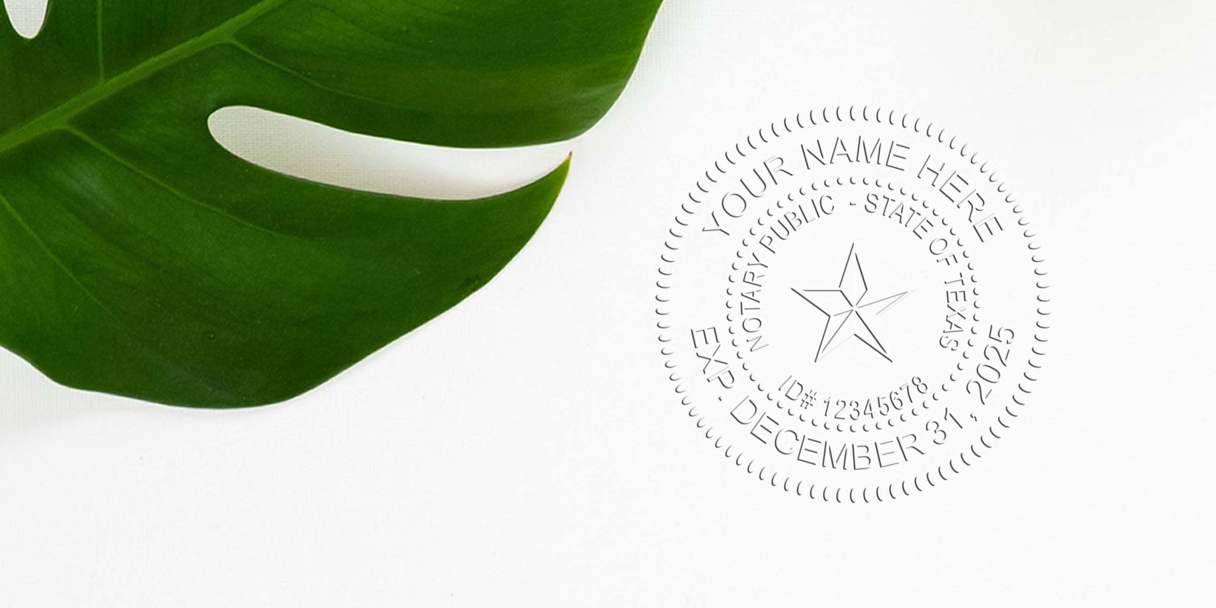 Monstera leaf on left with embossed circular notary seal impression on white paper, flat-lay composition combining green foliage and subtle stamp texture — ideal for legal stationery, notary services, branding, or botanical design.