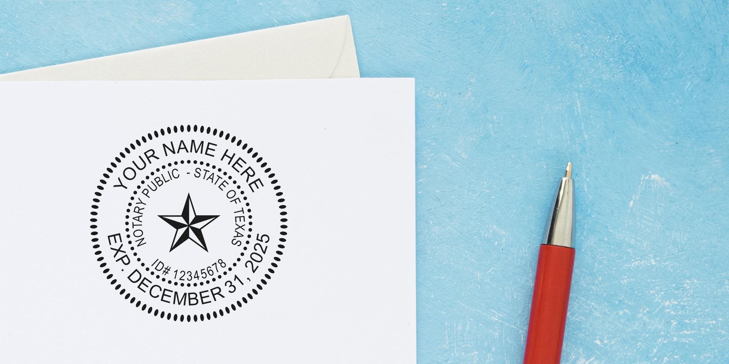 Notary public seal mockup on white card with placeholder name, Texas star emblem, ID and expiration date, placed beside a red pen on a textured light blue background