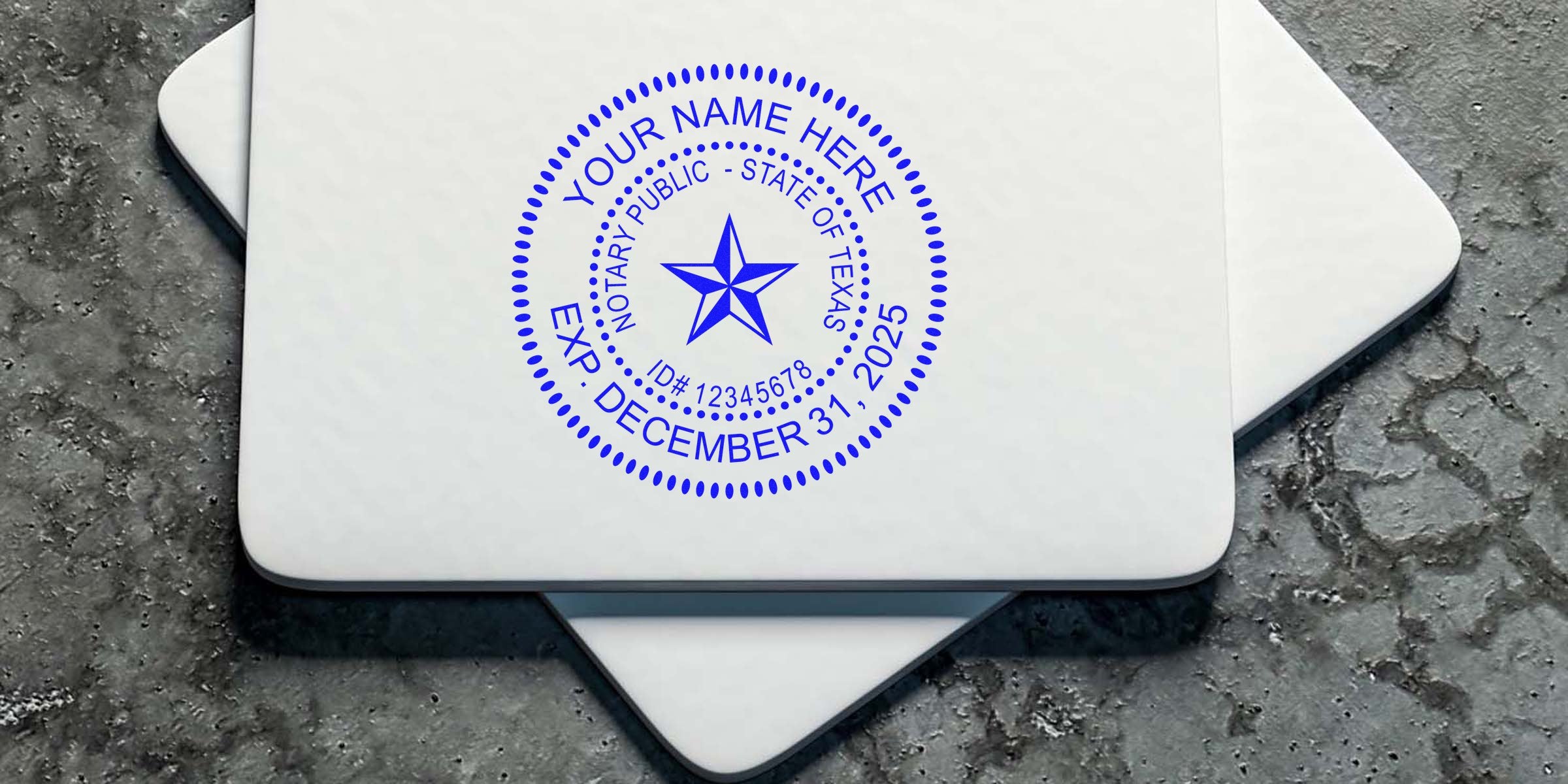 Blue circular Texas notary public stamp mockup on white tiles over textured concrete background, customizable "Your Name Here" text, ID number and expiration date visible for branding and legal document design.