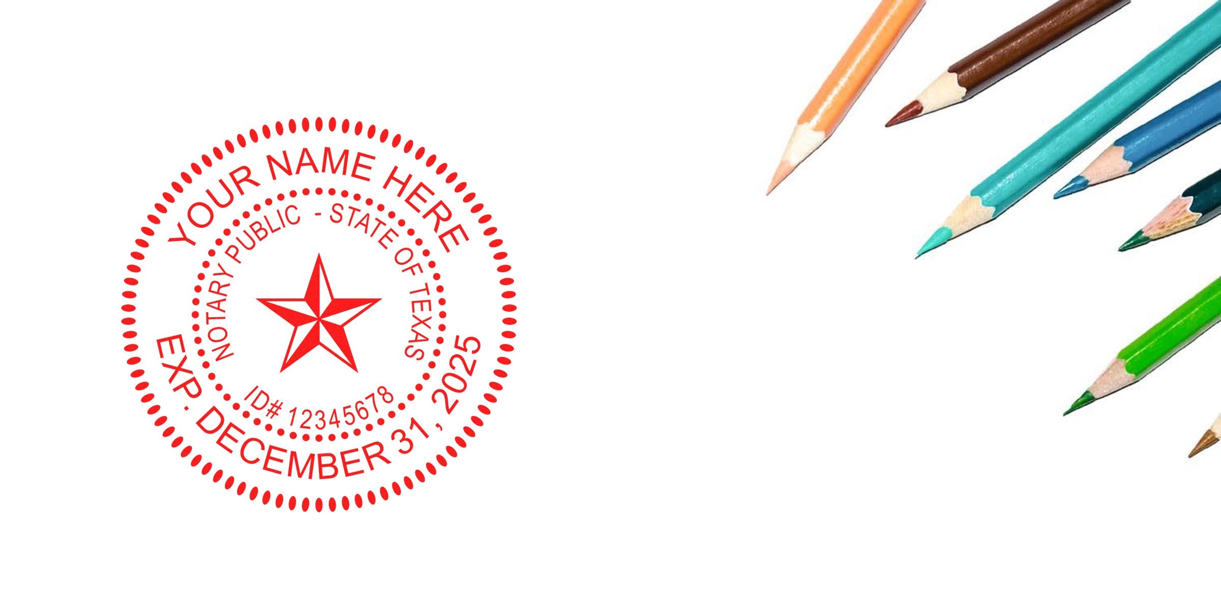 Red circular notary public stamp reading "State of Texas" with central star and expiration date on white background, diagonal multicolored colored pencils at top-right — office supplies, notary seal, stationery imagery