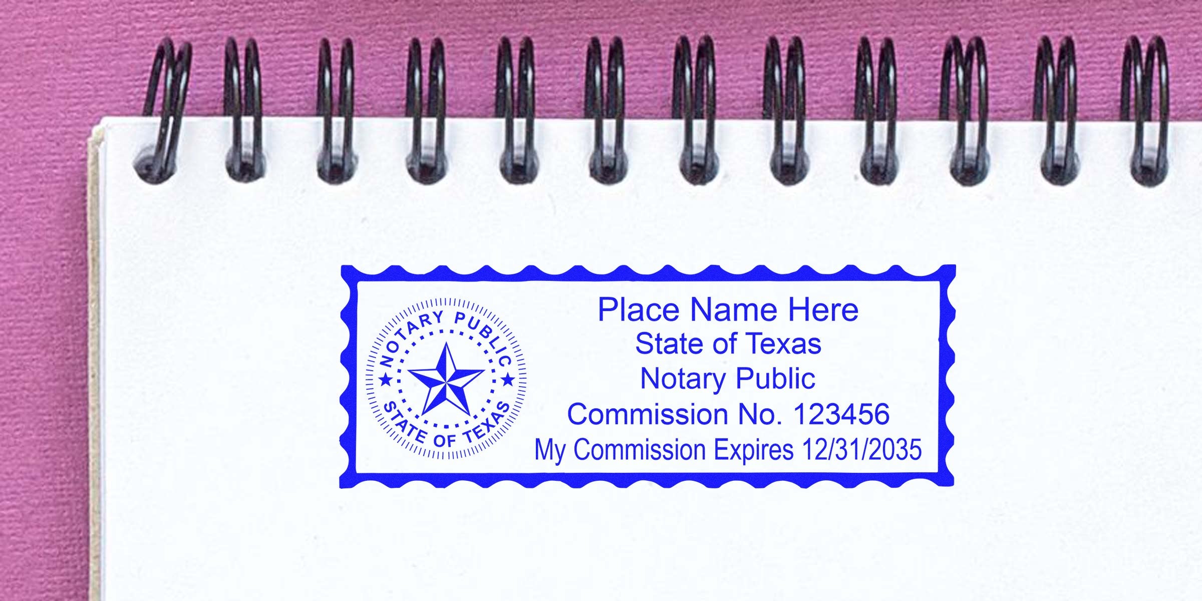 Blue Texas notary public stamp with star seal and commission number printed on white spiral-bound notebook page against pink background