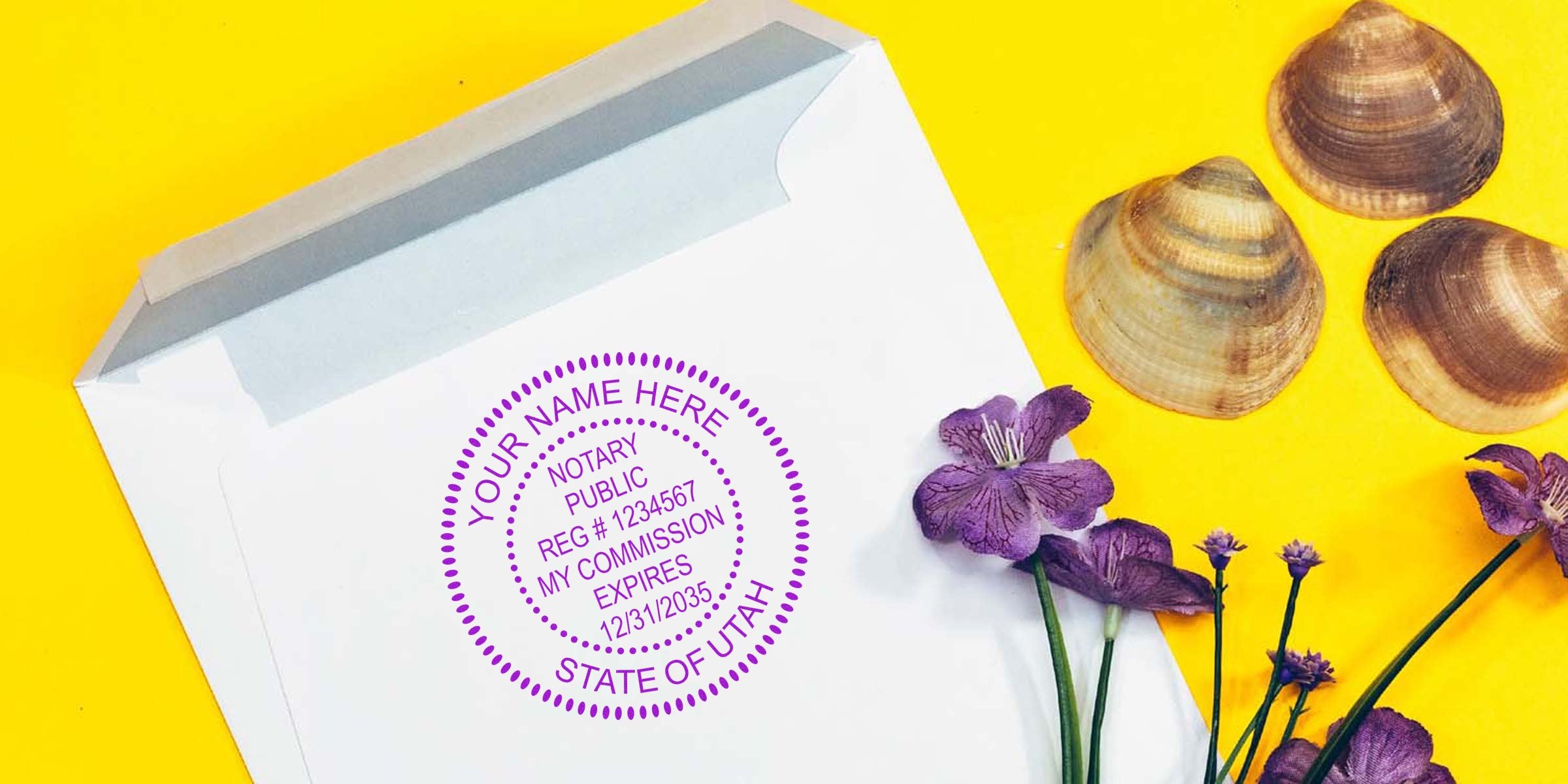 White envelope with purple notary public stamp reading "State of Utah" beside purple flowers and seashells on a bright yellow background